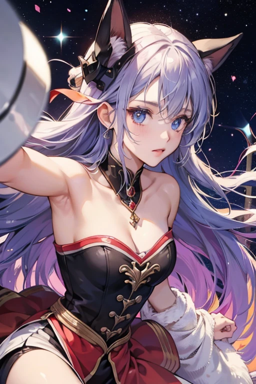White military uniform,military cap,,Navel sticking out,Shoulder,Starry Sky,Moonlit Night,Frills,woman,Purple Hair,Red Eyes,,Mucus,Tentacles,ivy,Be entangled,Wet with sweat,Toned body