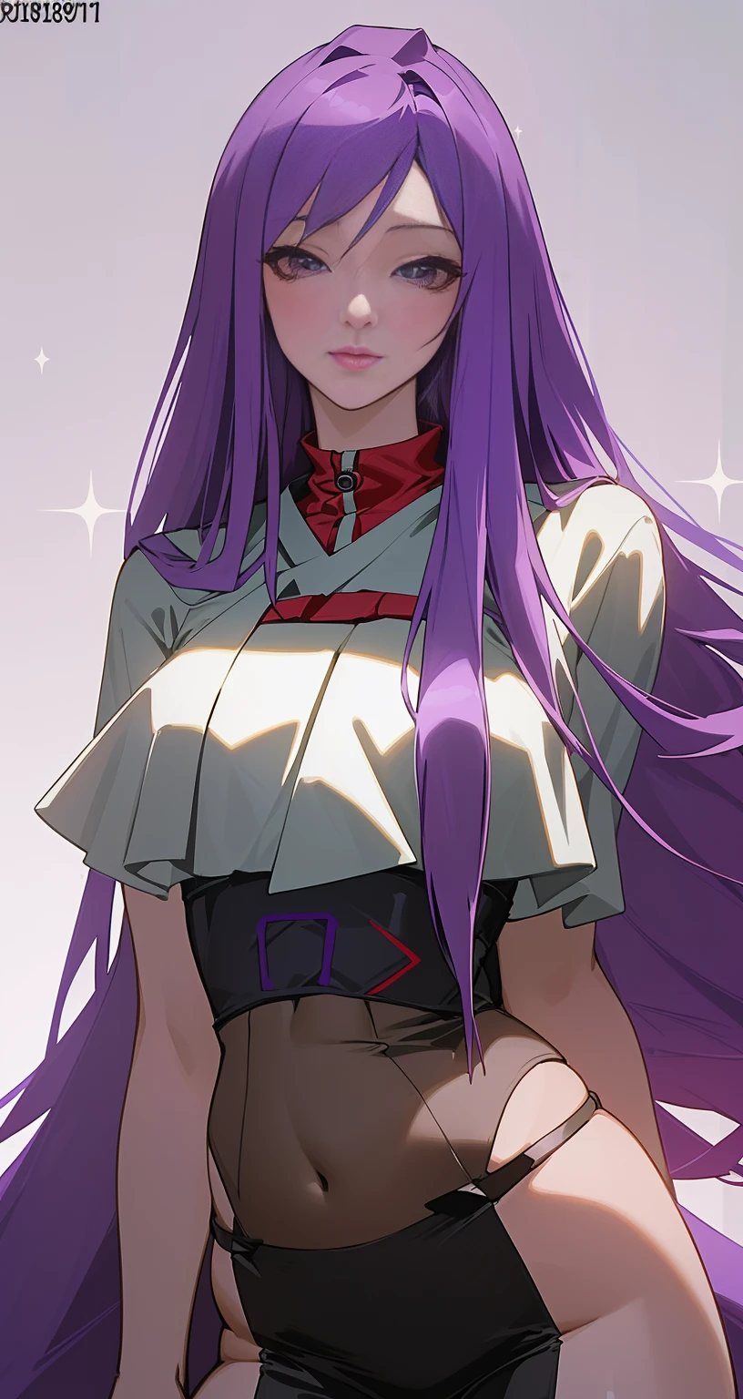  (8k), (best quality),  (realistic), (photorealistic:1.37), ultra-detailed,  A beautiful woman (((kido_saori),18s, purple hair, bust 97cm waist 76cm and hips 102cm:1.5) young in her 18 years, sparkling eyes) earing red lace lingerie underwear, garterbelt with stockings  7/8, erotic ecchi pose for viewer,