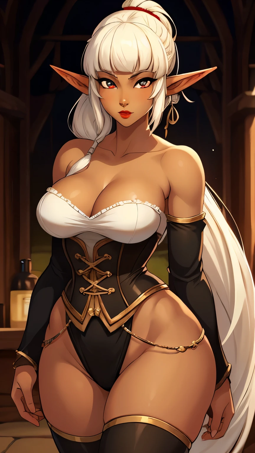 ((ultra quality)), ((masterpiece)), young dark elf, ((beautiful white long hair tied in a ponytail, has bangs)), (Beautiful face), (beautiful female lips), (elven long ears), charming, (Red lips), looks at the camera, eyes slightly open, (skin color dark gray), (dark skin), glare on the body, ((detailed beautiful female eyes)), (Red big eyes), (juicy female lips), (dark eyeliner), (beautiful female hands), ((ideal female figure)), ideal female body, beautiful waist, gorgeous thighs, beautiful medium breasts, ((subtle and beautiful)), sexy worth (), (medieval fantasy tavern worker clothing, there is a corset, black stockings) background: medieval fantasy tavern, ((depth of field)), ((high quality clear image)), (clear details), ((high detail)), realistically, professional photo session, ((Clear Focus)), anime