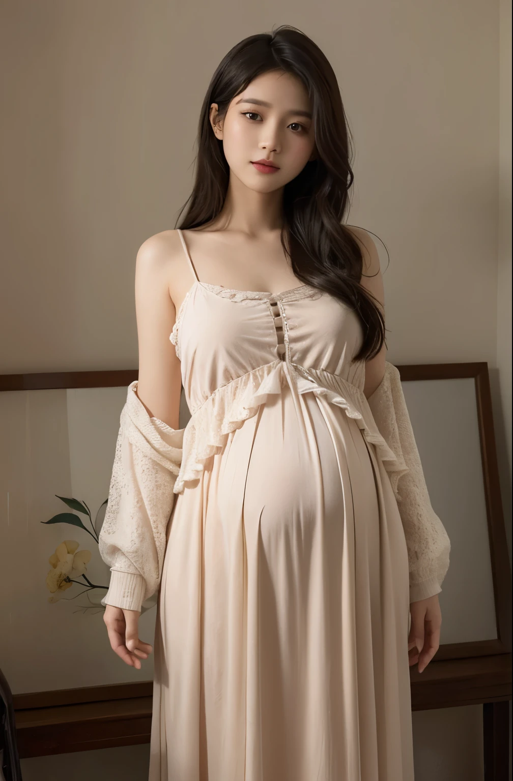 Highly detailed CG Unity 8k wallpaper, top quality, super detail, masterpiece, realistic, photo realistic, very detailed cute girl, 25 years old, round eyes, viewer, semi-body shot, pregnant, casual dress, sitting, bed, holding a flower