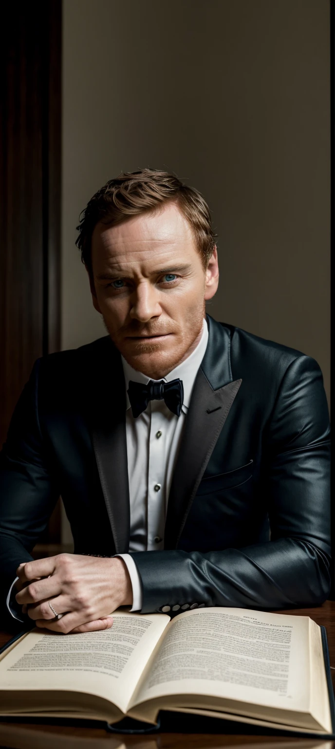 ((Michael Fassbender)), Homem de terno sentado em uma cadeira lendo um livro, epic and elegant portrait, bonito e elegante, Erwin Olavo, como James Bond, Directed by: Emma Andijewska, Pose elegante real, homem bonito, retrato promocional, sentado em sua cadeira. intrincado, fotografia editorial, retrato elegante, high resolution, Directed by: Derek Zabrocki, imagem de alta qualidade