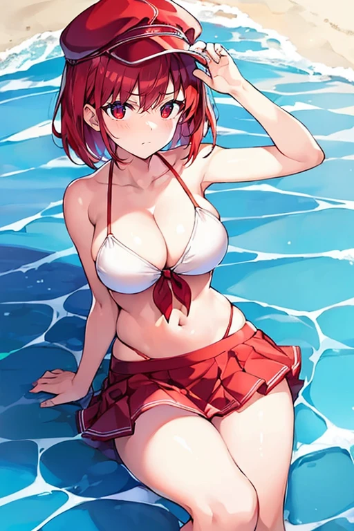 1girl, red hair, bikini, white bikini, skirt, large breasts, thick thighs, very short hair, skirt bikini, beach, serious, red trim, cap, hat, water