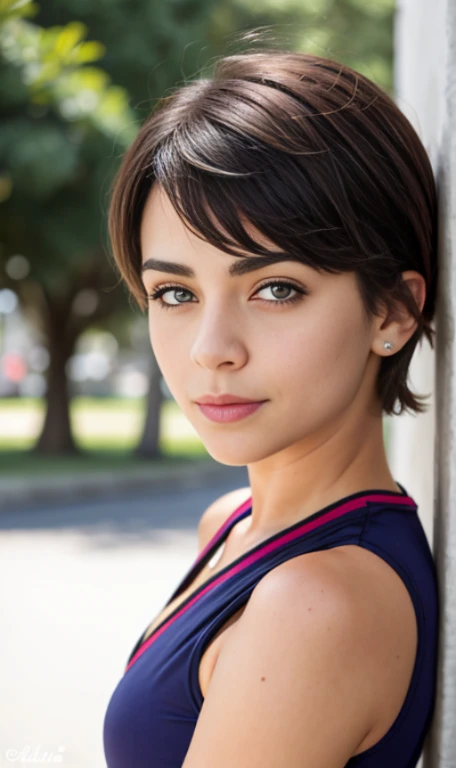 Photo of a 15 year-old American girl, .RAW, beautiful woman,  Light brown hair , cabello corto , corte de cabello pixie((retrato)), ((Cara detallada:1.2)), ((Detailed facial features)), (Piel finamente detallada), Pale skin , ojos azules , viste playera morada con imagen de calavera , cinturon blanco , falda color lila con imagenes de cuadros , botals largas con tacon color purpura , sosteniendo guitarra electrica 、Un sexy(cool color), humid, humid, Reflectoreasutepiece) (proporciones perfectaotos realistas)(La mejor calidad) (Detallado) fotografiado con una EOS R5 de Canon, Lente de 50 mm, f/2.8, NffSW, (8k) (papel tapiz) (cinematic lighting) (Dramatic lighting) (sharp focus) (Enrevesado) senos grandes , pechos grandes , pecas en mejillas , cuerpo completo , hermoso cuerpo de adolesente , posando sexy a la camara , posando de frente para la camara ,lindo maquillaje, sombra de ojos color morada , gran sonrisa , labios abiertos , fondo variado