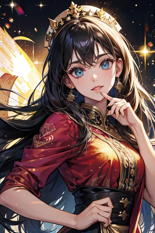 score_9, score_8_up, score_7_up, score_6_up, score_5_up, score_4_up, selfie, beautiful woman, half-up hair, attractive and seductive face, closed eyes, shy, superlative body proportion, all Tiffany Blue, tarot cards frame, background rainbow fireworks, fusion of watercolors and oil paintings, fusion of paper cutting and shadow puppetry, shading effects, gradation magic effects, glitter effects, artistic photography, hyper realistic, graphic CG digital art