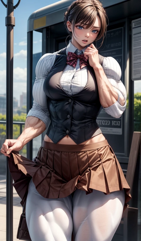 , (muscular female:1.1),waistcoat, skirt lift,bow panties,muscular thighs
masterpiece, best quality, extremely detailed face, perfect lighting, extremely detailed CG,open mouth,bus stop,white pantyhose