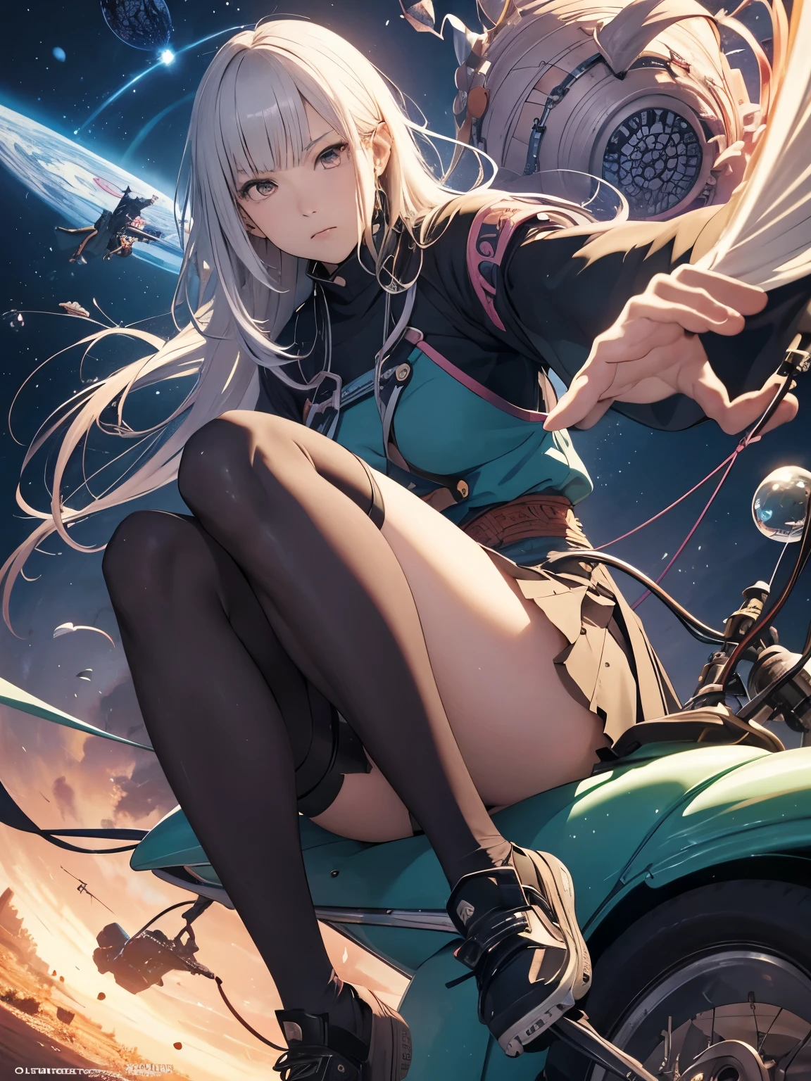 Nanae Haruno, Franklin Booth full colour, Mysterious, bizarre, surreal, bizarre, fantasy, Sci-fi, Japanese anime, a land of many geometric polyhedra floating in the air, a complex three-dimensional object, a beautiful girl in a miniskirt on a bicycle trip, perfect voluminous body, detailed masterpiece