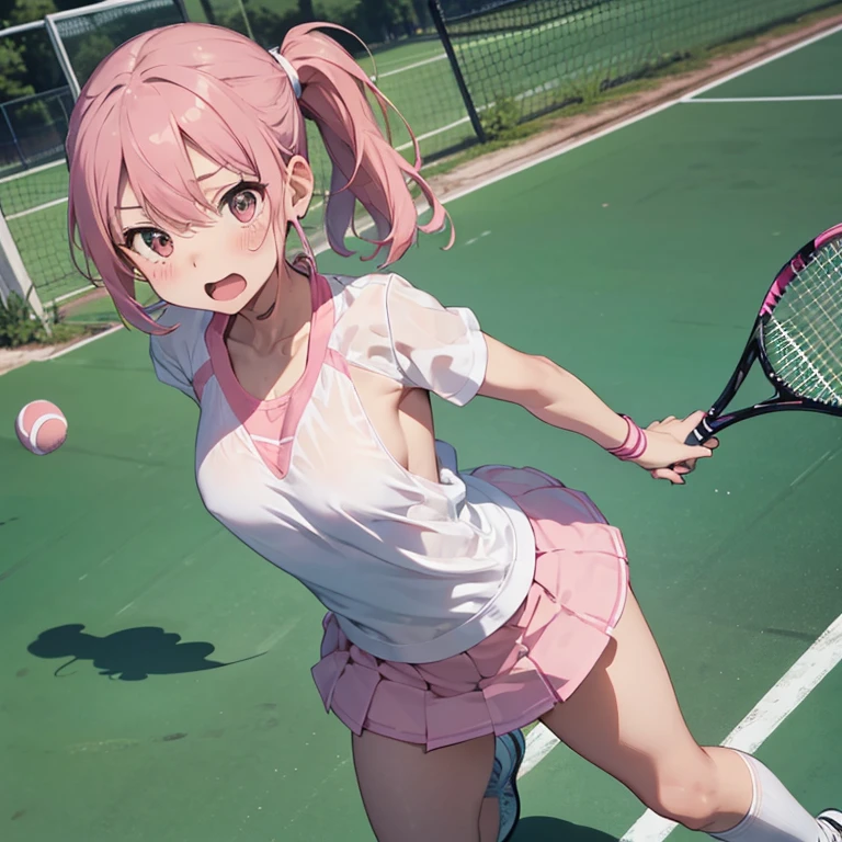 mastute piece,Best Quality,insanely detailed,8k cg,nsfw,
(2girl,play tennis,(nudi-ty:1.8,tennis uniform,topless,bottomless,no skirt,no bra, no panties,bare breast:1.8,bare:1.8,tennis racket),blush,shy,ecstasy face,gasping,trembling,pink hair,open mouth),
tennis court,