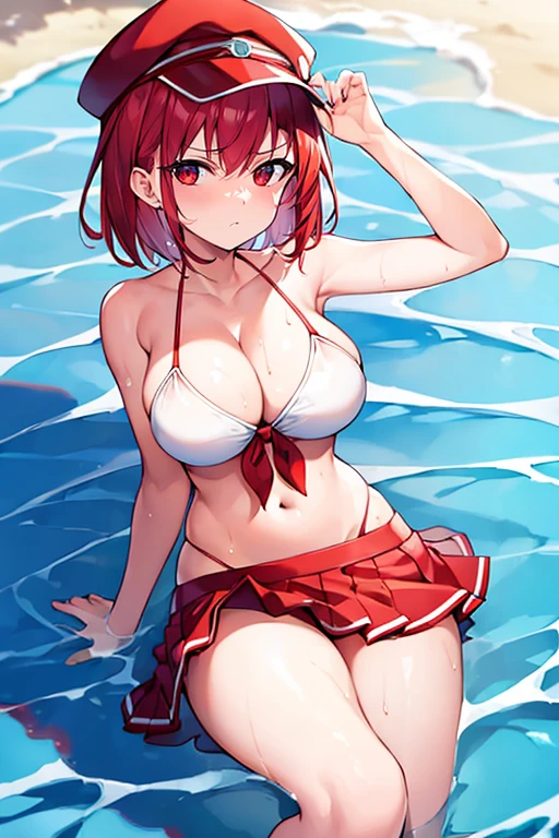 1girl, red hair, bikini, white bikini, skirt, large breasts, thick thighs, very short hair, skirt bikini, beach, serious, red trim, cap, hat, water, spashing, wet