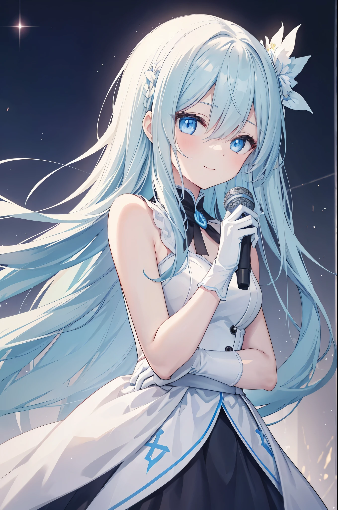 side view，top view，A human girl，Slim thin female figure，female face，implicit smile expression，light blue long straight hair，light blue eyes，There are bright spots in the eyes，female hands，newbie，normal finger，Wear gloves，Hold the microphone，Wearing white idol costume，stand on stage歌唱，masterpiece，Exquisite and delicate的二次元精美画风，Exquisite and delicate，8K high quality，CG wallpaper，HD，bad milk，alone，tomorrow ark风格，tomorrow ark，stand on stage