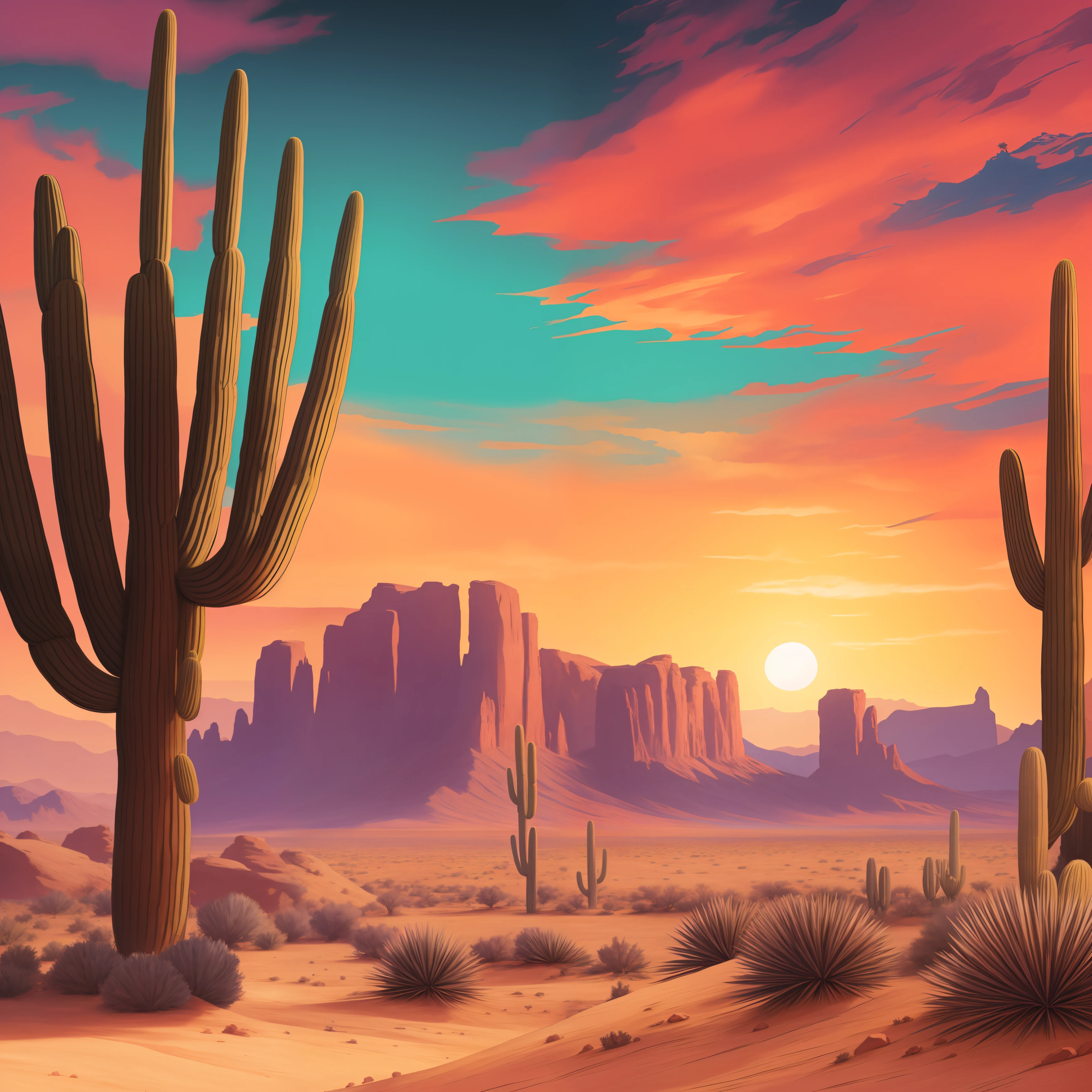 a painting of a desert scene with cactus trees and mountains, new mexican desert background, arizona desert, background artwork, desert landscape, sunset in the desert, desert scene, desert mesa, desert scenery, wandering the desert landscape, serene desert setting, beautiful art uhd 4 k, desert background, desert setting, desert colors, western painting, painting in the style of ed mell