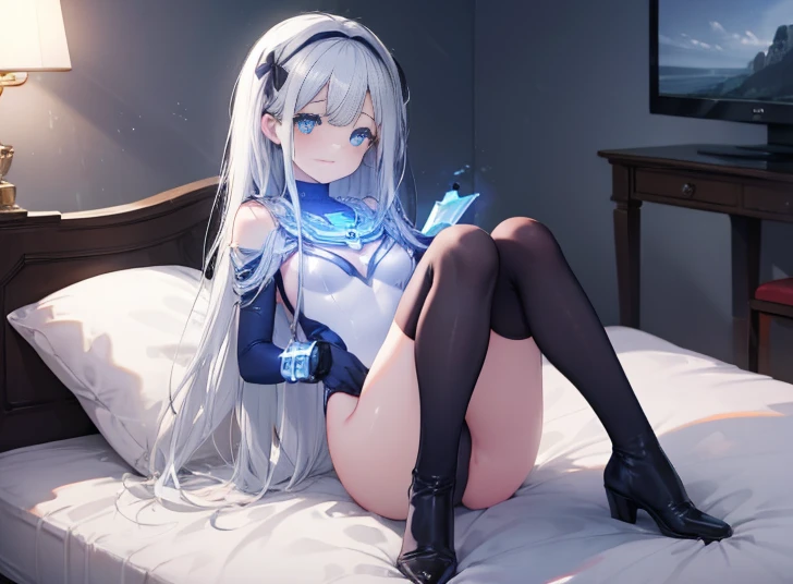 highest quality,sleep on your back in bed,Crab crotch,show me your boots,Leotard sneak peek,glove,elegant, 1 girl, ultraman bodysuit ,cute, blushed, looking at the viewer, from below, prison,blue eyes, beautiful eyes, beautiful background, particles of light, Light of the sun, dramatic lighting, outside, shiny, realistic, table top, highest quality, Super detailed, get used to it, scenery, beautiful and detailed eyes, thin hair,full body shot,