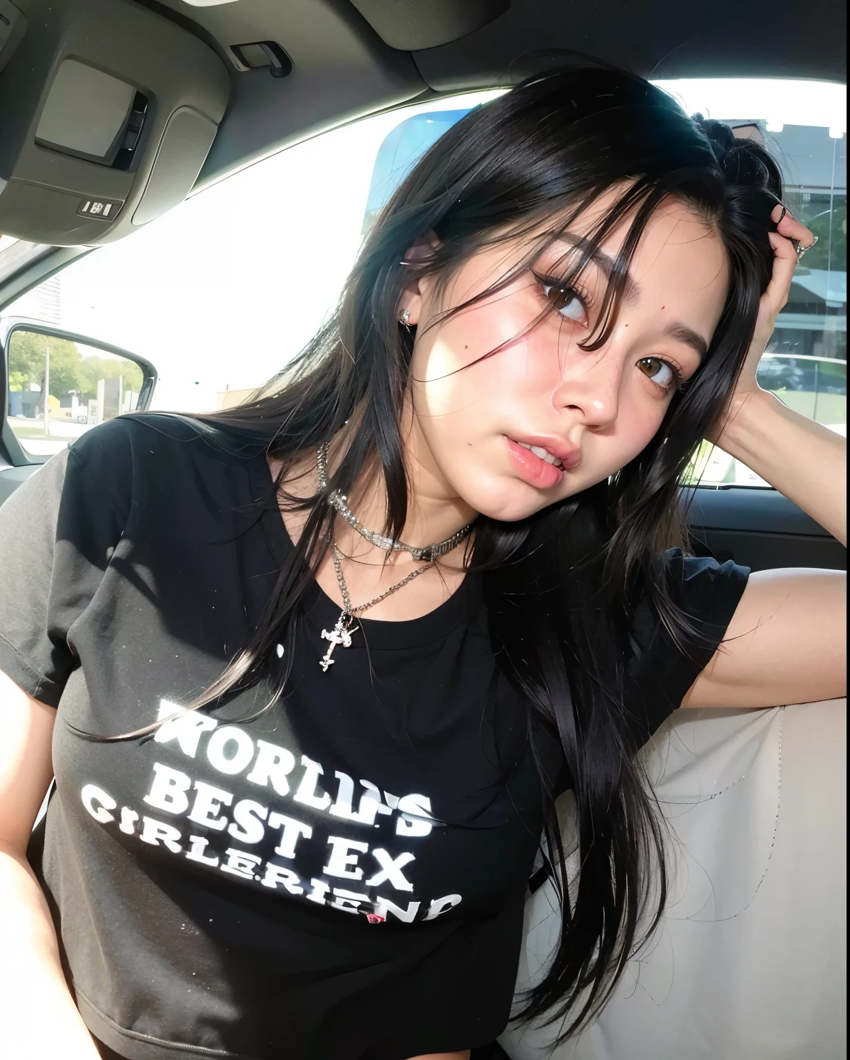 arafed woman sitting in a car with her head resting on her hand, with black hair, she has black hair, 18 years old, she looks like a mix of grimes, furious dark haired women, soft devil queen madison beer, charli xcx, an emo girl, 1 7 - year - old goth girl, beautiful girlfriend, attractive girl, wonderful dark hair Irene red velvet