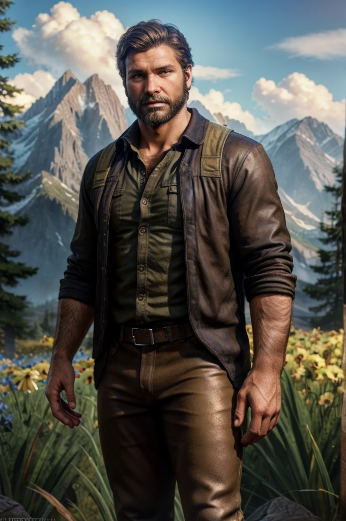 realistic photo scene 8k UHD ((ultra detailed masterpiece)), young handsome man, male, wide view, full body portrait, short dark-brown hair, beard, wearing outdoor clothes, extremely hairy, body hair, yellow-iris, Amazing fantasy art,