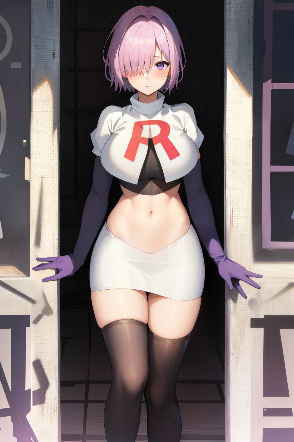 mash kyrielight, hair over one eye, large breasts, blush, purple eyes, solo, looking at viewer, 1girl, short hair, light purple hair, simple background, team rocket,team rocket uniform, red letter R, white skirt,white crop top,black thigh-highs,black elbow gloves
