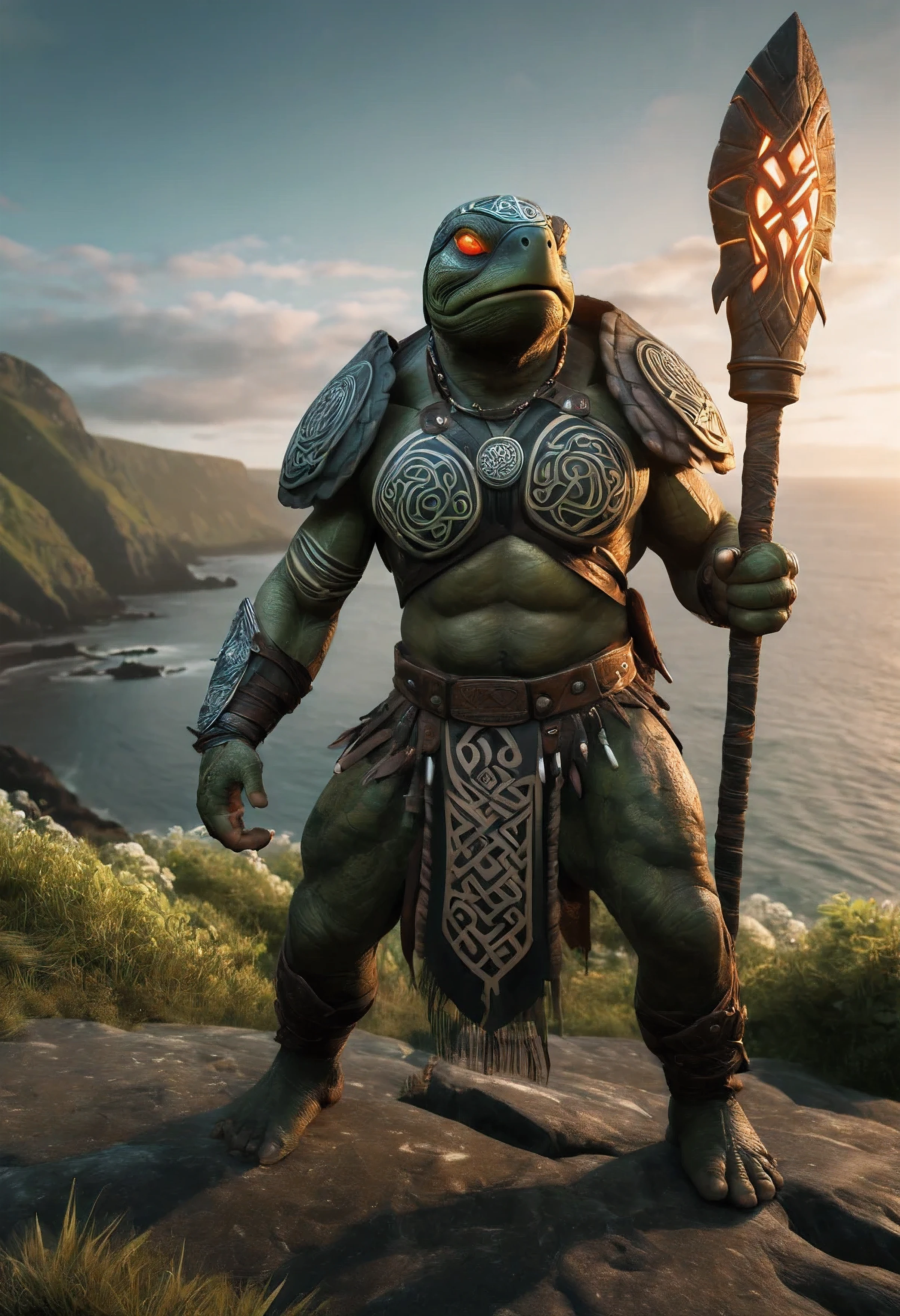 A captivating image of a male anthropomorphic turtle, clad in Celtic armor and (glowing-tribal-tattoos:1.18) beard, grips his (giant mace:1.25) with unyielding strength. (War-paint:1.13) (tribal-headress) walking tall and proud against the backdrop of the Irish Coast at sunrise. The surrounding landscape is adorned with lush greenery, jagged cliffs, and the occasional bursts of cinematic lighting illuminating the high-quality, high-resolution 3D render in Octane. The (muscular, bodybuilder) turtle, fueled by deep-seated anger, The setting radiates a sense of ancient mythology and raw power, with the turtle's piercing eyes gleaming