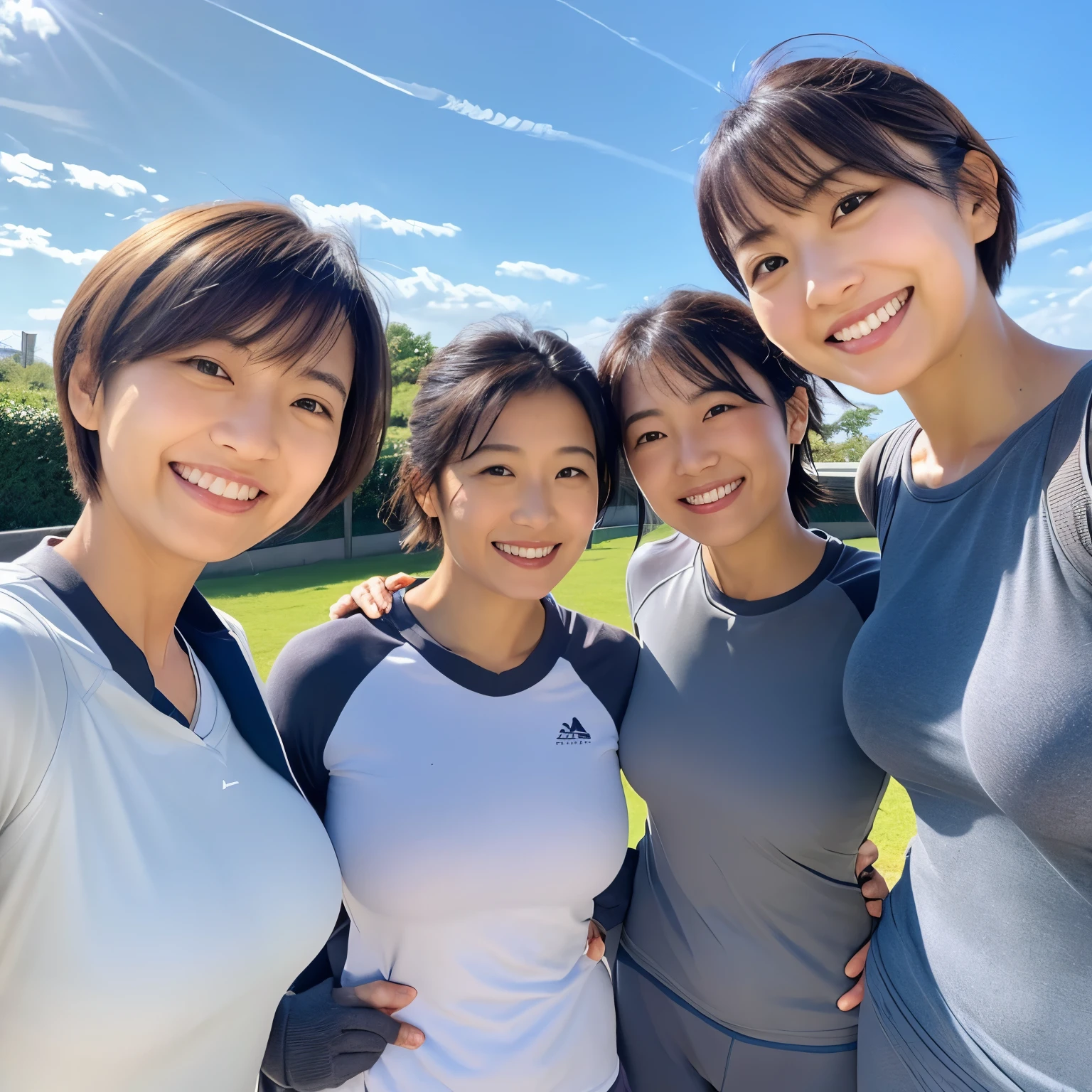 3 people, 3 Japanese women, 3 shoulder to shoulder, 3 side by side, fresh, healthy, cute, 3 wearing tight gray sportswear with long sleeves, shoulders together, smiling, after soccer, sweating, thin, bright sky, blue beautiful sky, large breasts, one with ponytail, one with short cut hair