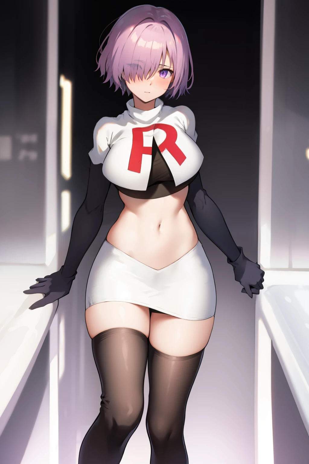 mash kyrielight, hair over one eye, large breasts, blush, purple eyes, solo, looking at viewer, 1girl, short hair, light purple hair, simple background, team rocket,team rocket uniform, red letter R, white skirt,white crop top,black thigh-highs,black elbow gloves
