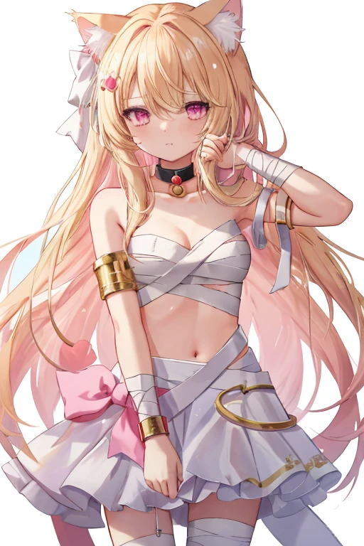 1girl, long hair, blonde hair, messy hair, pink eyes, cat girl, cat ears, shy,mummy costume, simple background, armlet, naked bandage, bandages, bandage over one eye, collarbone, looking at viewer, solo