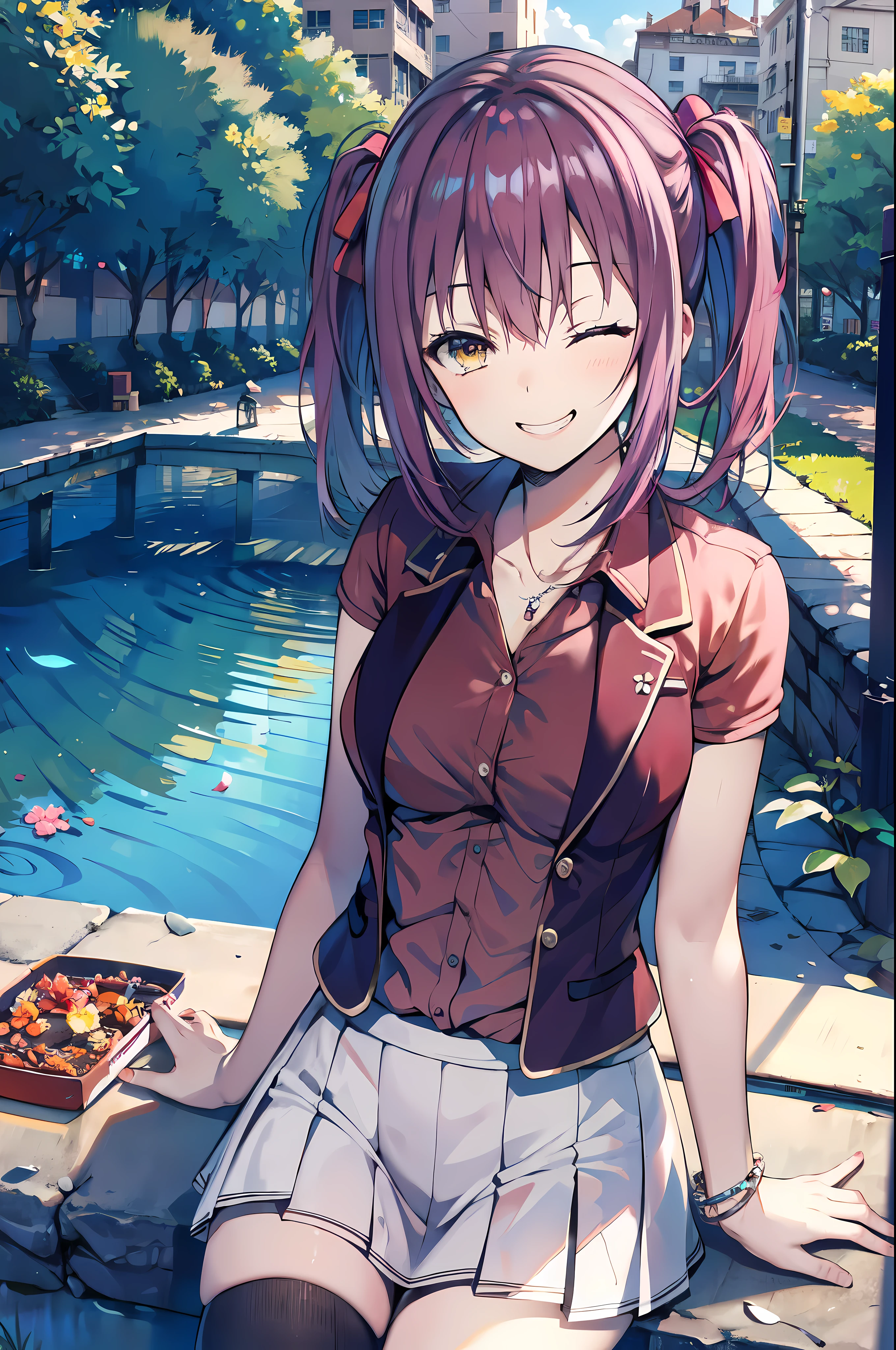 detailed, (masterpiece:1.2), (solo:1.2), (female), slender, (red hair), grin, teeth, winking, (camisole), short_skirts, outdoors, park, trees, lakes, bracelets, (one_eye_closed), collarbone, cheerful, mischief, bare_shoulders, twintails, headtilt, yellow_eyes
