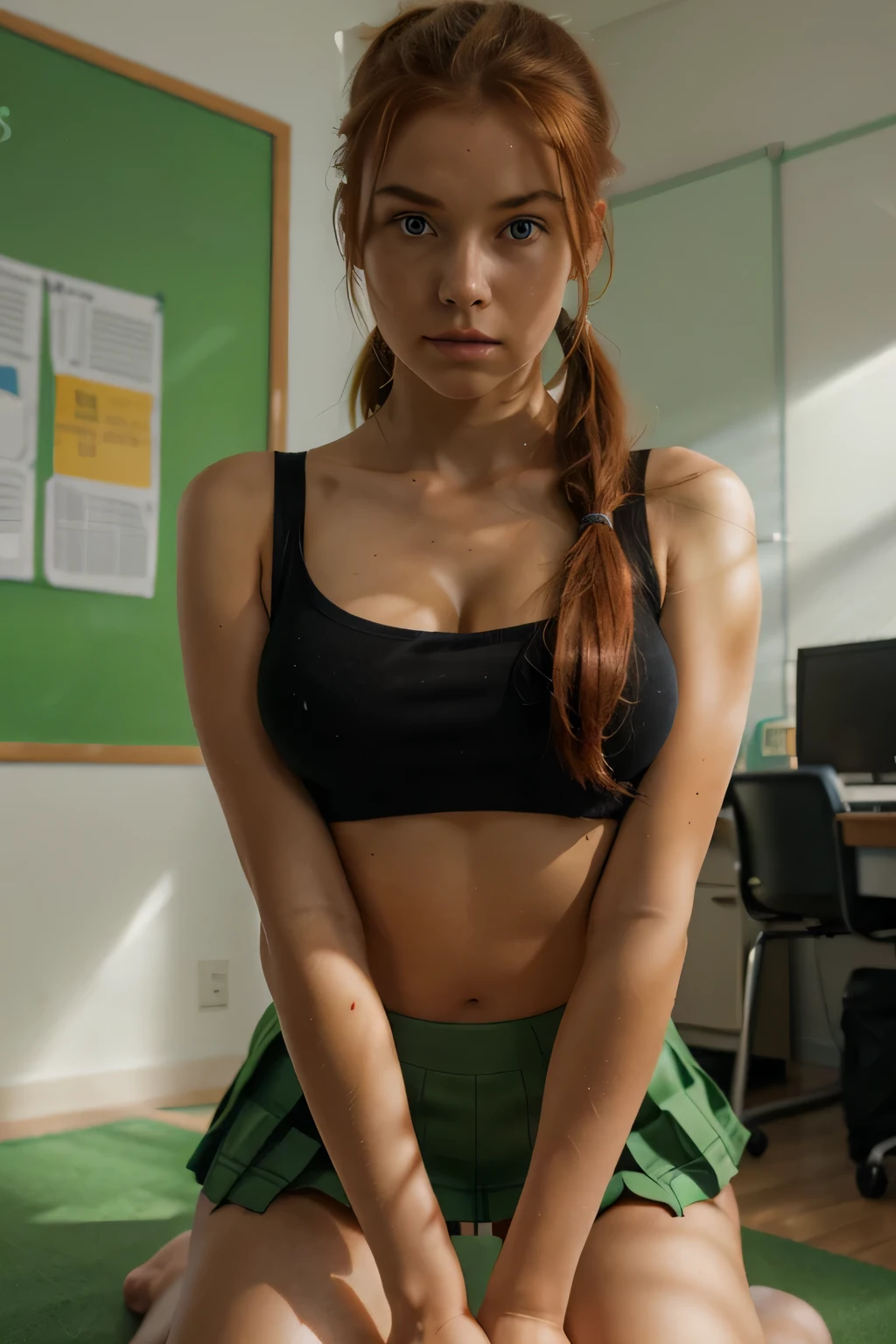 solo, solo focus, masterpiece close-up portrait of a school girl wearing a school uniform with short skirt and black half top in a modelling agency room, light rays. She looks scared. Redhead ponytail, bright green eyes, tiny tits, thin waist, skinny ass. on her knees.