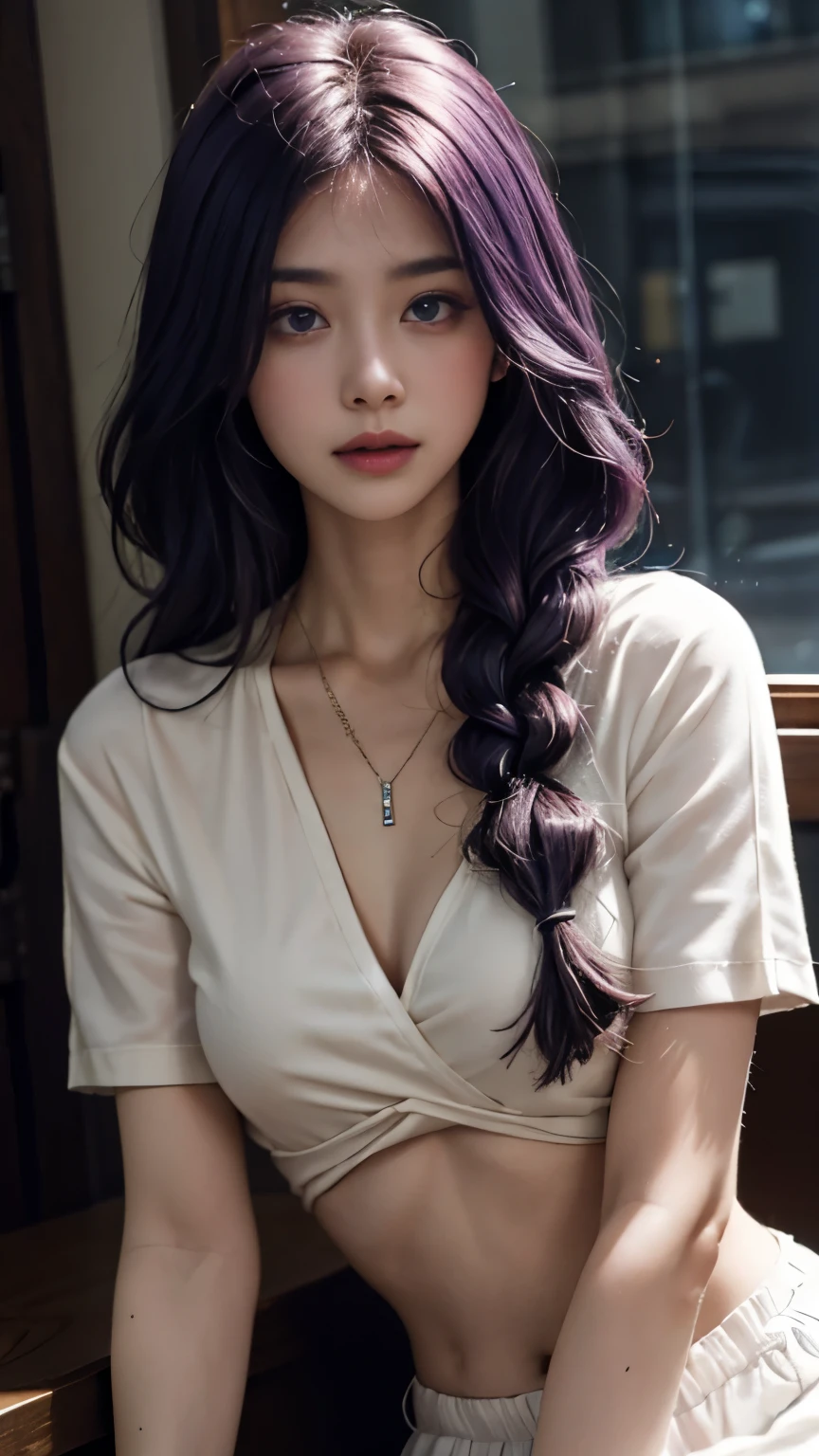 Full face portrait photo of a 25-year-old Finnish girl，RAW，beautiful woman，half-open strawberry lips，A look of longing，（Purple hair big breasts，purple hair，thick braid），（（detailed的脸部）），（（（detailed的五官）） ,（Delicate skin），pale skin，doctor，wear white shirt，soft natural light，Hospital operating room，（Cool colors），moist，reflection，（masterpiece）（perfect aspect ratio），（lifelike的照片），（best quality），（detailed）Use the Canon EOS R5、50mm lens、F/2.8、HDR、(8k)（wallpaper）（illumination）（戏剧illumination）（sharp focus）（complex）、raw photos、raw photos、Gigachad photo、Posing for camera、Behind your arms、8k uhd、Slr、high quality、film grain、Fujifilm XT3、Extremely detailed、lifelike、lifelike、incredibly ridiculous、Highly detailed、sharp focus、（专业工作室illumination）、（Professional color grading）、边缘illumination、Dramatic lighting，illumination、流明reflection、soft natural light、pastel colors、photon mapping、Radiosity、（beautiful purple eyes）、（detailed的眼睛）、（detailed的脸部）、symmetrical eyes、sharp sharp eyes、cold face、whole body）、（（ （high detail））），（（Wet，Oil lubrication））），（（Perfect body）），thin waist，huge 