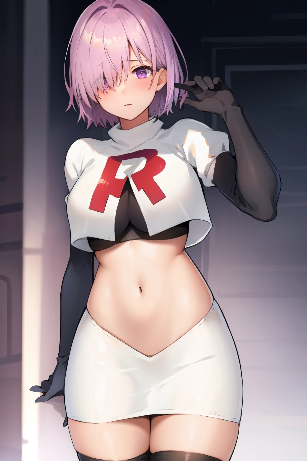 mash kyrielight, hair over one eye, large breasts, blush, purple eyes, solo, looking at viewer, 1girl, short hair, light purple hair, simple background, team rocket,team rocket uniform, red letter R, white skirt,white crop top,black thigh-highs,black elbow gloves