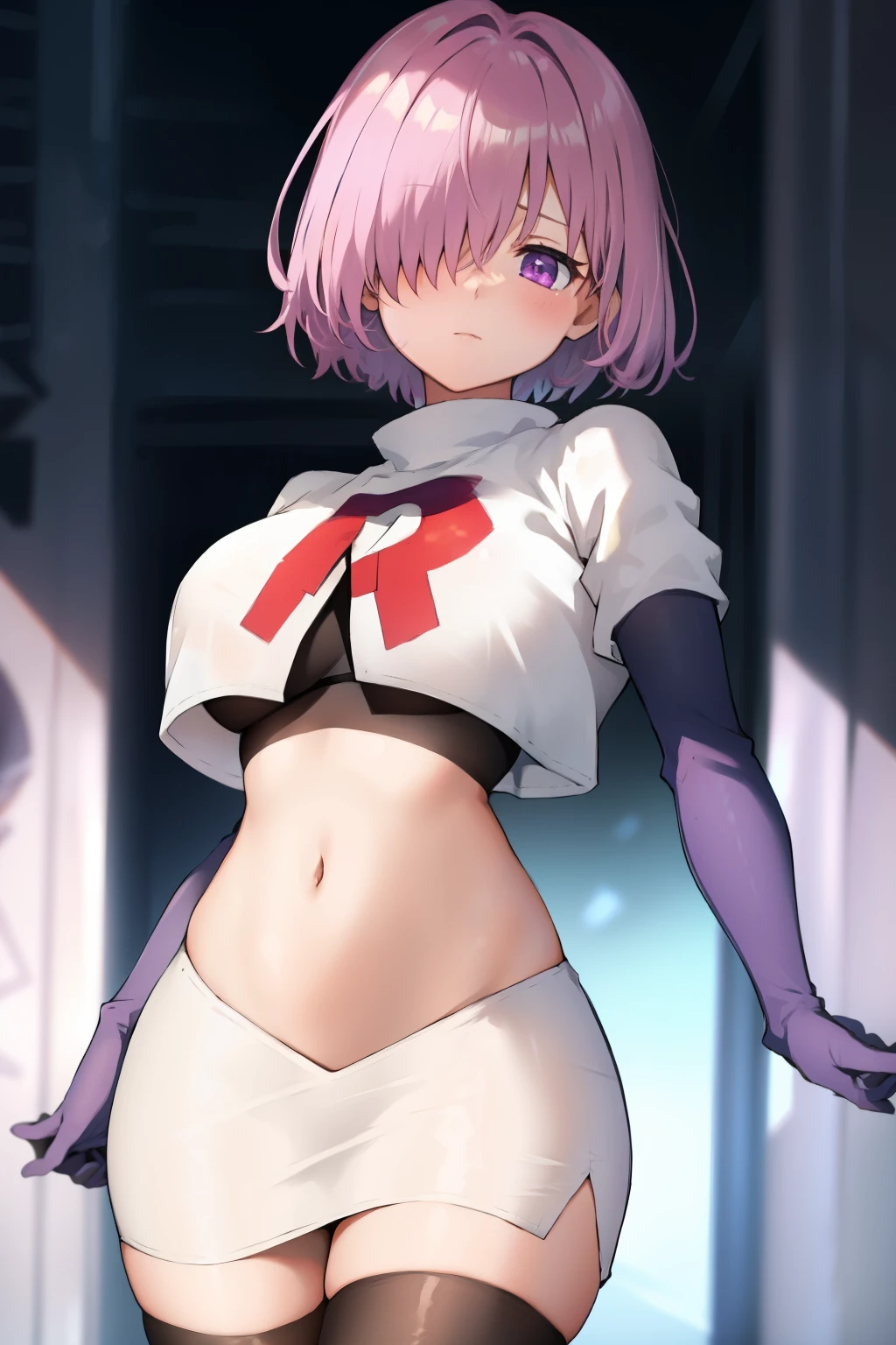 mash kyrielight, hair over one eye, large breasts, blush, purple eyes, solo, looking at viewer, 1girl, short hair, light purple hair, simple background, team rocket,team rocket uniform, red letter R, white skirt,white crop top,black thigh-highs,black elbow gloves