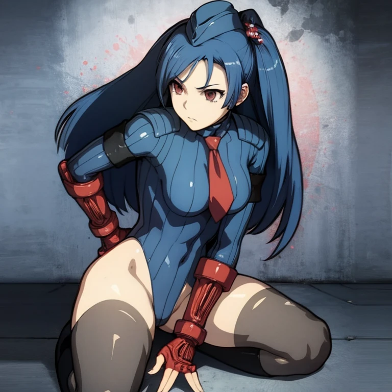 ultra-detailed, Explicit, Beautiful body, Beautiful Nose, Beautiful character design, perfect eyes, perfect face, ultra highres, 4K, beautiful legs, perfect legs, Nice hands, Perfect hand, Masterpiece, Best Quality, Highly detailed, illustration, absurdres, perfect anatomy, street fighter, doll suit, shadaloo doll, dollsuit, expressionless, blank eyes, looking at viewer, red gloves, emotionless, black latex, corrution, mind control, female combatant, full body, hypnotized, unhappy trance, full body suit, ribbed bodysuit, both arms at side, obey, perfect female body, extremely glossy latex, hypnosis, hypnoLora, empty eyes, Mind control device, poses, submissive_pose, Slave, hat, necktie, sitting straight, sitting, sitting at attention, hat, necktie, belt, latex, ribbed bodysuit, thighhighs, garter belt, Fighting Stance, extending the right arm from the shoulder into the air with a straightened hand, military, thigh boots, 1girl, hair ornaments, Red Eyes, Blue Hair, Long hair, Hozoin Inshun, Hyakka Ryouran