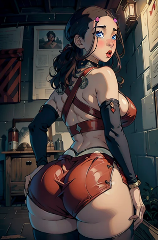 Dynamic poses, ultra detail, small ??????, top quality, masterpiece,top quality, jewellery, elegant, blush, navel, six pack, body goals:1.5, hair ornament, full body shot，skinny stomach,（Very detailed CG unity 8K wallpaper），best qualtiy，cinematic lighting，beatiful detailed eyes，Bright pupil，Redlip（Very fine and beautiful），（Beautiful and detailed eye description），ultra - detailed，masterpiece，）, exposed cleavage, tight skirt, stocking:1.5, handsock:1.2, multiple views, multiple angles, dark skin, toned ???, mouth open, spit, grabbing her own ????, detailed lips,  show off ???, showing ????, facing away, ????????????