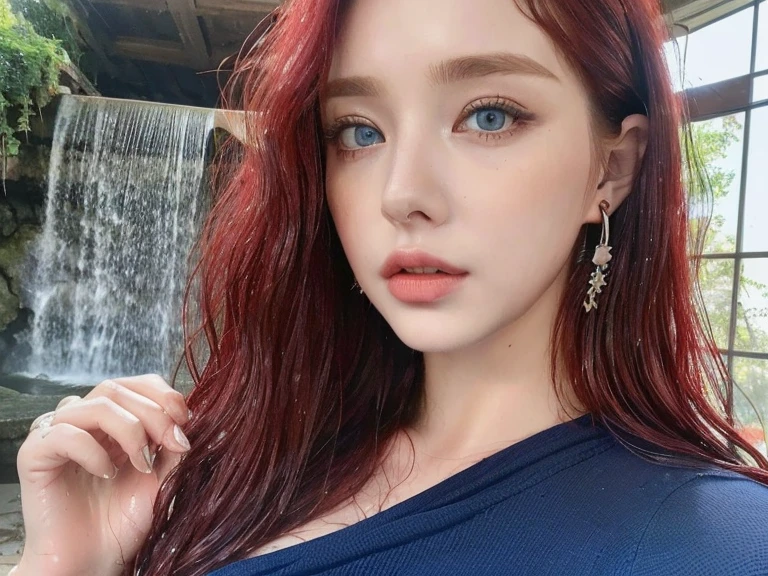4 miniature Beautiful handsome woman, ((top quality, 8k, masterpiece:1.retty woman, 1woman, huge breasts:1.3, slender figure:1.1, elastic red long hair, (shower, wet body, wet clothes:1.1), very detailed face, detailed lips, detailed eyes, double eyelids, detailed blue eyes, extremely detailed outstanding blue eyes, red wet hair, red wet hair, detailed outstanding BLUE EYES, innocent stare at the viewer, extremely wet wavy red hair, detailed outstanding BLUE EYES, raining outside, huge earrings, Oasis, Waterfall, naked breasts