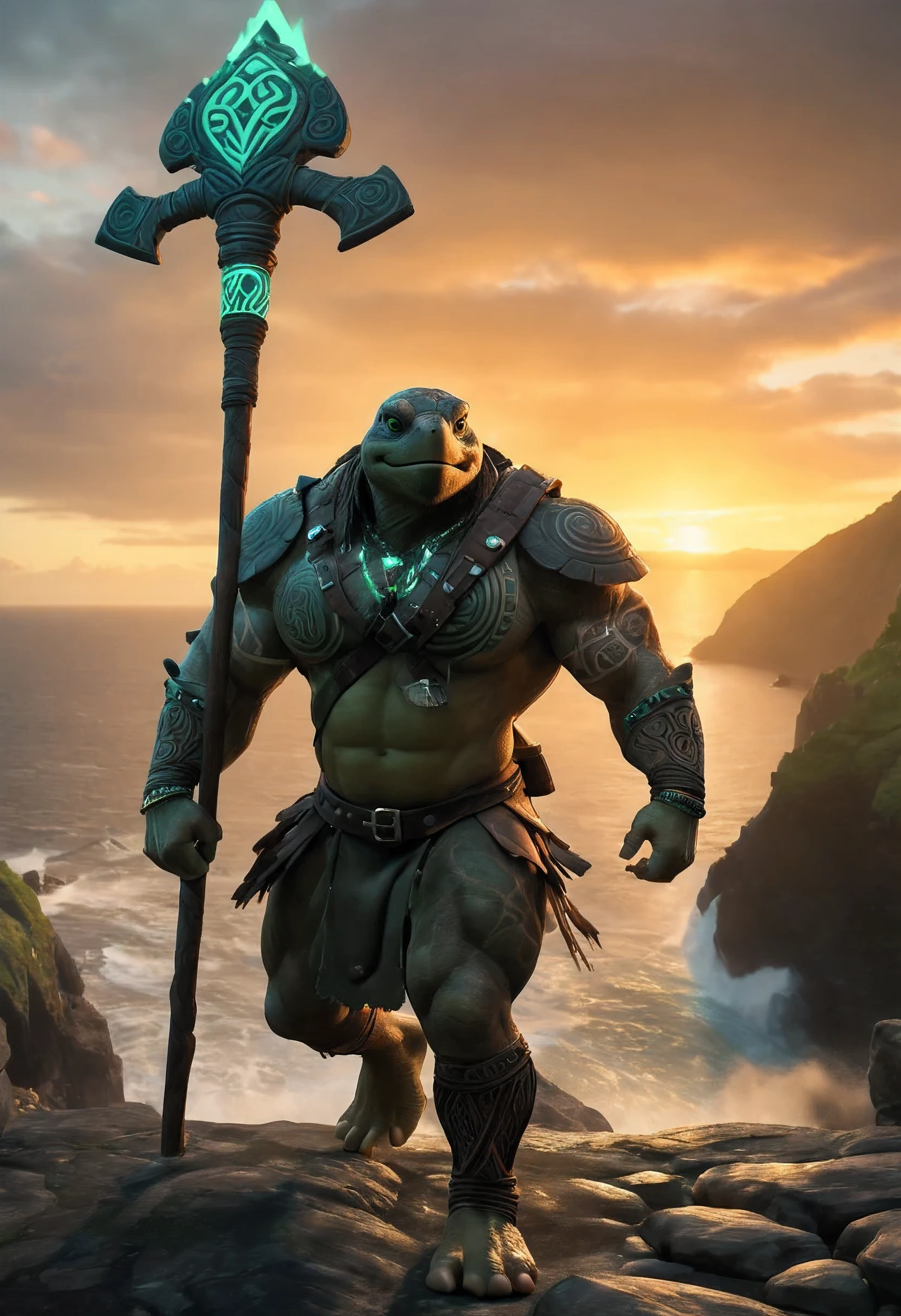 A captivating image of a male anthropomorphic turtle, clad in Celtic armor and (glowing-tribal-tattoos:1.18) beard, grips his (giant mace:1.25) with unyielding strength. (War-paint:1.13)  (tribal-headress) walking tall and proud against the backdrop of the Irish Coast at sunrise. The surrounding landscape is adorned with lush greenery, jagged cliffs, and the occasional bursts of cinematic lighting illuminating the high-quality, high-resolution 3D render in Octane. The (muscular, bodybuilder) turtle, fueled by deep-seated anger, The setting radiates a sense of ancient mythology and raw power, with the turtle's piercing eyes gleaming