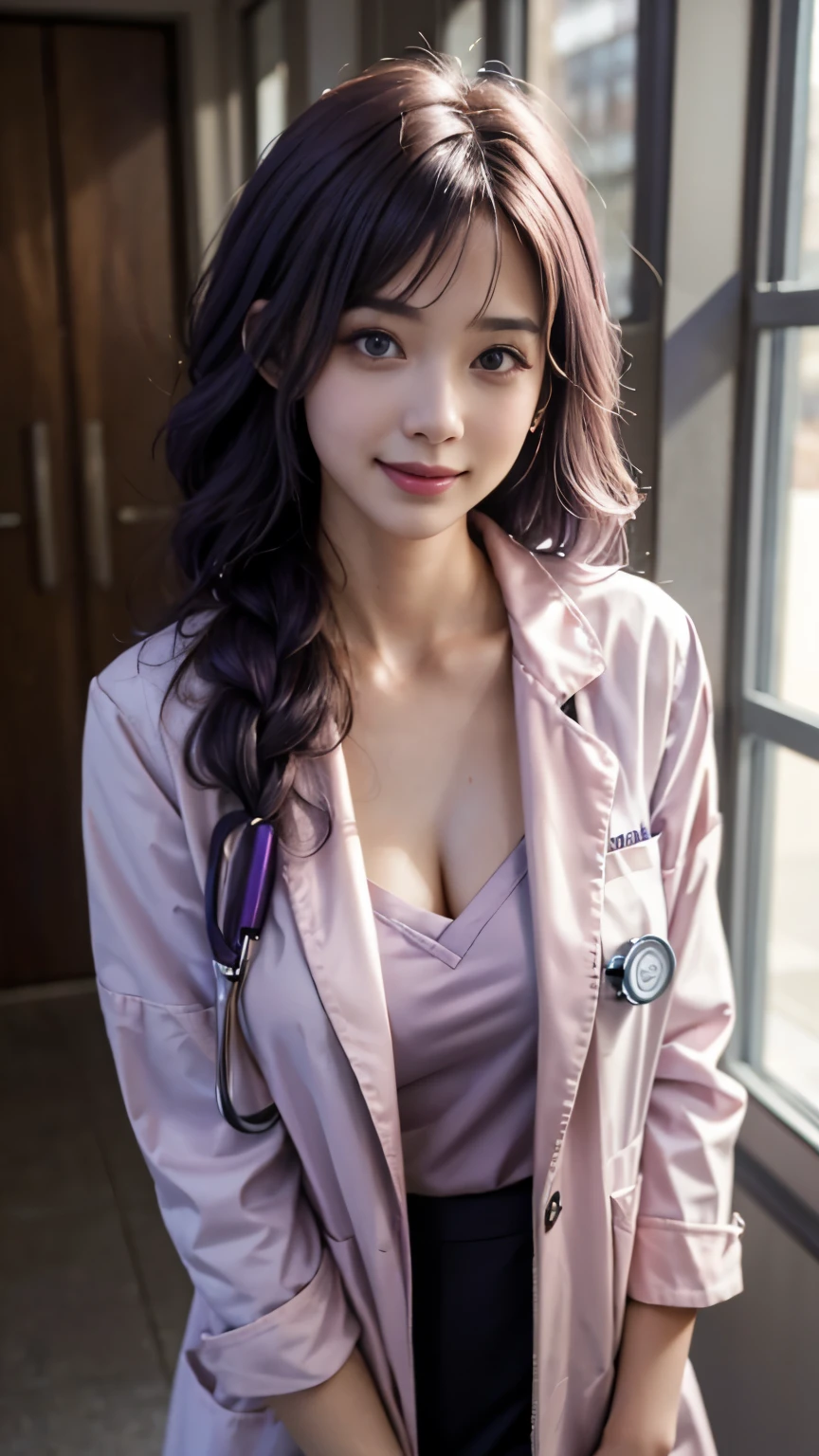 solo，sexy exciting smile，（Glow skin：1.05），（blush：0.9），（skin indentation：1.15），Reality，masutepiece，highest quality，high resolution，absurd，（perfect face shape：1.1），beautiful doctor，doctor white coat, doctor fashion,(Top image quality,8K,32K,​Masterpiece,nffsw:1.3),超high resolution,(Realism:1.4),original photography,beautiful long hair,purple hair，Purple hair big breasts，thick braid，purple eyes，((Doctor style)),tight skirt,breast cleavage enlargement，Nipple protrusion，medium full chest，inside the hospital，detailed background，perfect lighting，depth of field，beautiful shadow gradient，stethoscope，The background is a hospital，