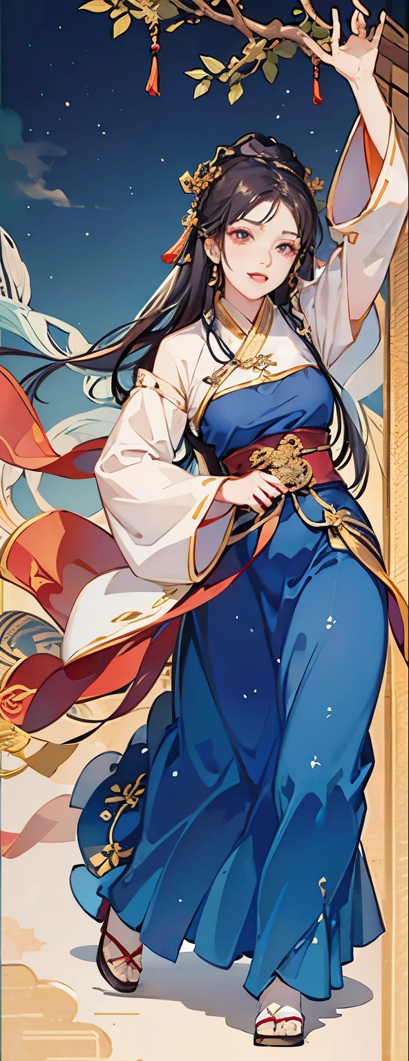 Girls wearing dark long skirts in ancient Chinese style,Dark blue dress, flowing skirts, running, wearing ancient Chinese clothes, traditional Chinese dress, hanfu, wearing long and flowing clothes,full body,