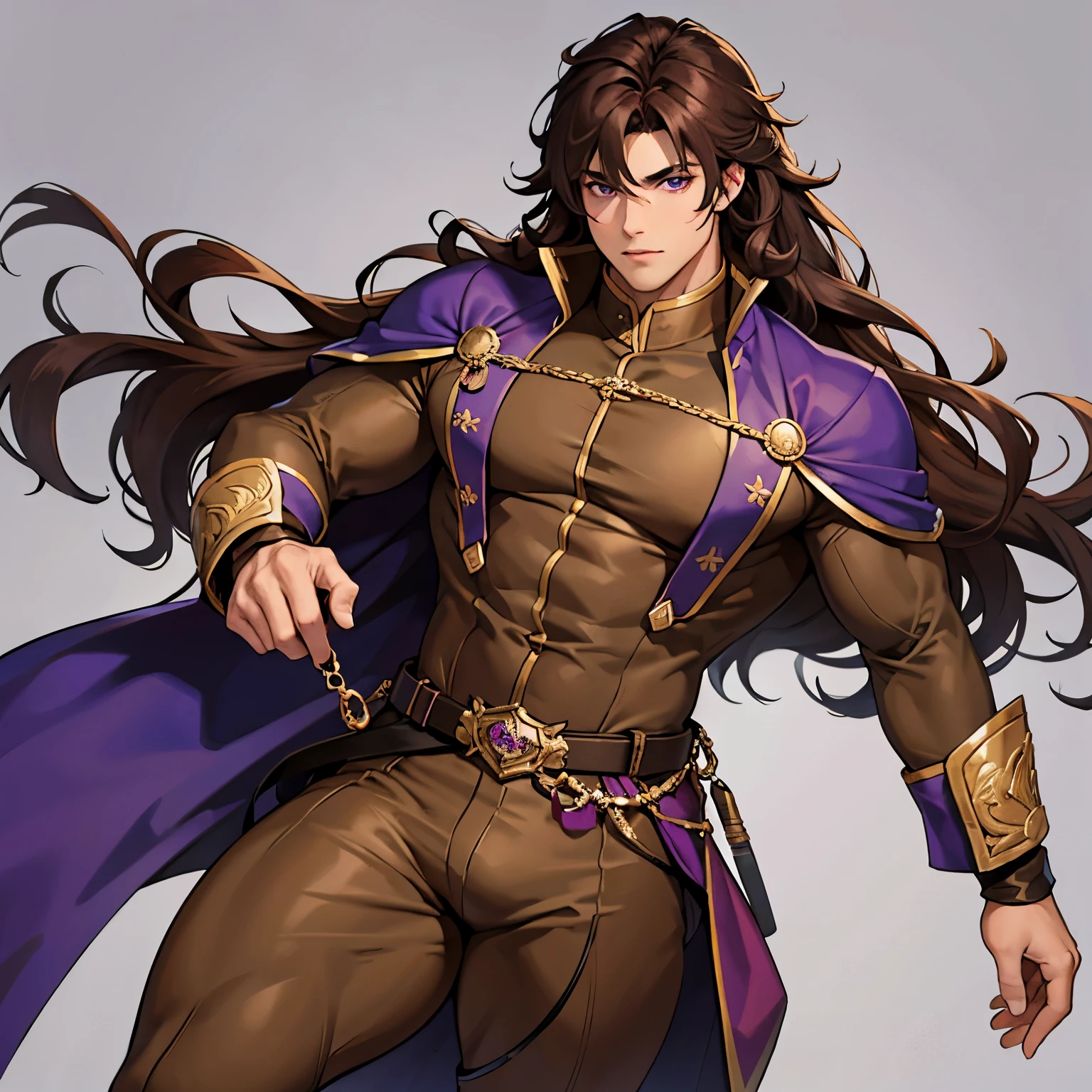 1 boy, Very thick thighs, Dressed like a prince, Purple eyes, Very long hair, Curly Hair, Brown Hair, Short clothes, Tight clothing, Bad face