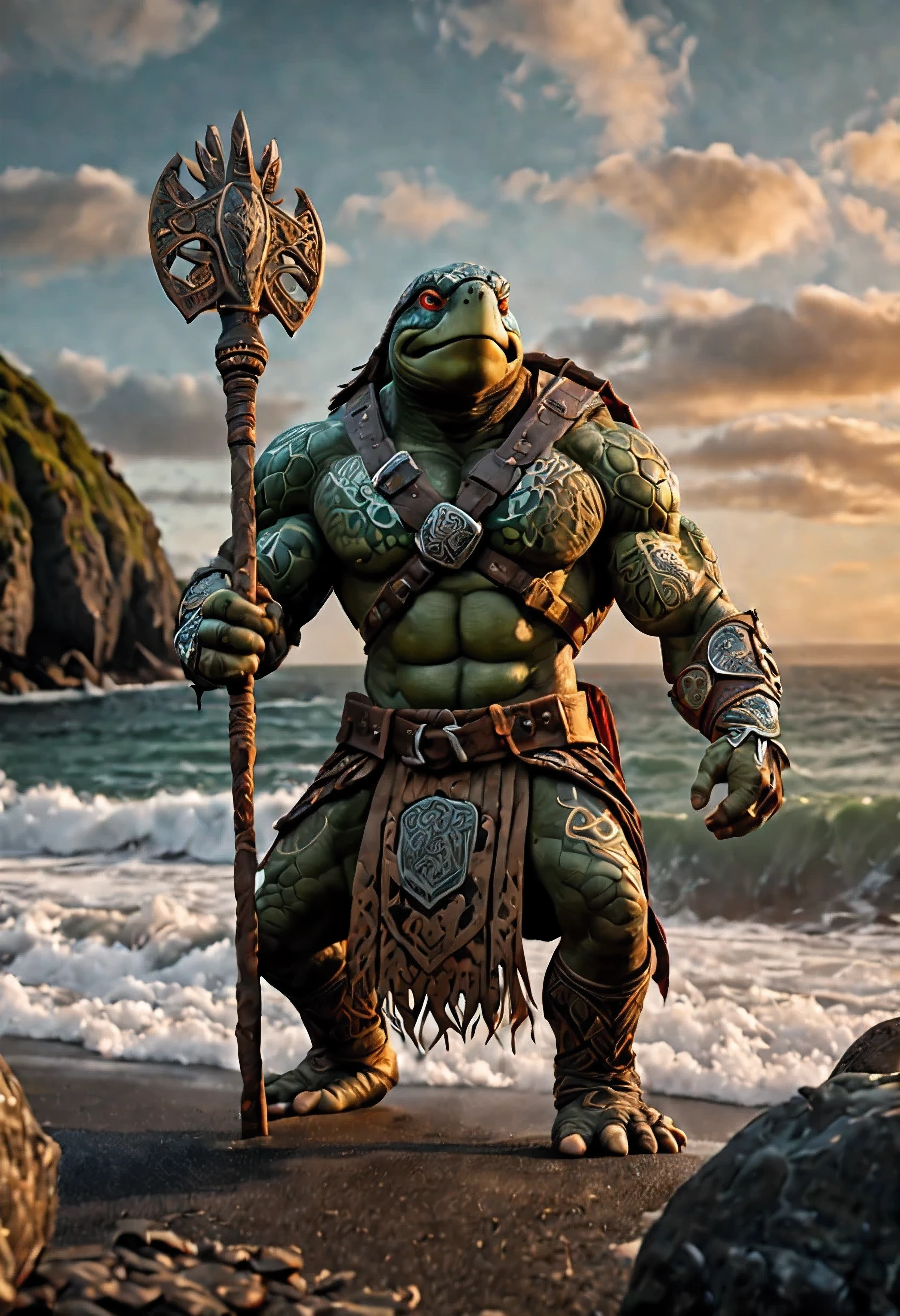 A captivating image of a male anthropomorphic turtle, clad in Celtic armor and (glowing-tribal-tattoos:1.18) beard, grips his (giant mace:1.25) with unyielding strength. (War-paint:1.13) (tribal-headress) walking tall and proud against the backdrop of the Irish Coast at sunrise. The surrounding landscape is adorned with lush greenery, jagged cliffs, and the occasional bursts of cinematic lighting illuminating the high-quality, high-resolution 3D render in Octane. The (muscular, bodybuilder) turtle, fueled by deep-seated anger, The setting radiates a sense of ancient mythology and raw power, with the turtle's piercing eyes gleaming