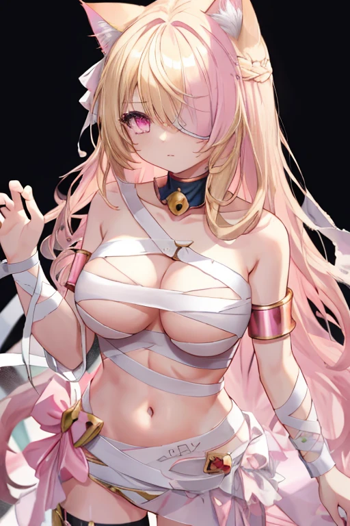 1girl, long hair, blonde hair, messy hair, pink eyes, large breasts, cat girl, cat ears, shy, mummy costume, simple background, armlet, naked bandage, bandages, bandage over one eye, collarbone, looking at viewer, solo
