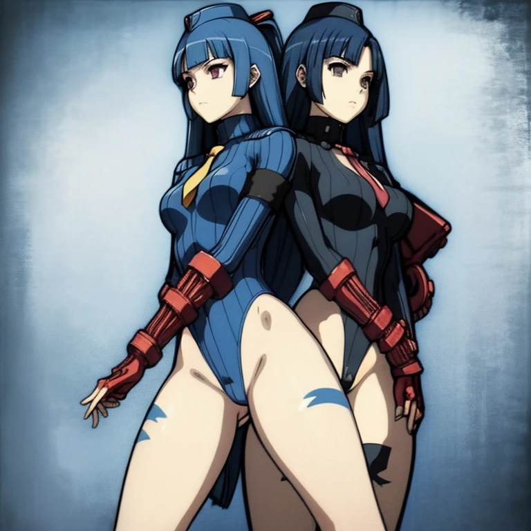 ultra-detailed, Explicit, Beautiful body, Beautiful Nose, Beautiful character design, perfect eyes, perfect face, ultra highres, 4K, beautiful legs, perfect legs, Nice hands, Perfect hand, Masterpiece, Best Quality, Highly detailed, illustration, absurdres, perfect anatomy, street fighter, doll suit, shadaloo doll, dollsuit, expressionless, blank eyes, looking at viewer, red gloves, emotionless, black latex, corrution, mind control, female combatant, full body, hypnotized, unhappy trance, full body suit, ribbed bodysuit, both arms at side, obey, perfect female body, extremely glossy latex, hypnosis, hypnoLora, empty eyes, Mind control device, poses, submissive_pose, Slave, hat, necktie, stand up straight, standing, standing at attention, hat, necktie, belt, latex, ribbed bodysuit, thighhighs, garter belt, Fighting Stance, extending the right arm from the shoulder into the air with a straightened hand, military, thigh boots, 1girl, hair ornaments, Red Eyes, Blue Hair, Long hair, Hozoin Inshun, Hyakka Ryouran