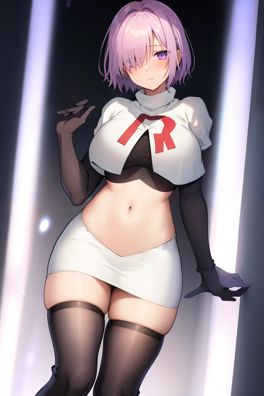 mash kyrielight, hair over one eye, large breasts, blush, purple eyes, solo, looking at viewer, 1girl, short hair, light purple hair, simple background, team rocket,team rocket uniform, red letter R, white skirt,white crop top,black thigh-highs,black elbow gloves
