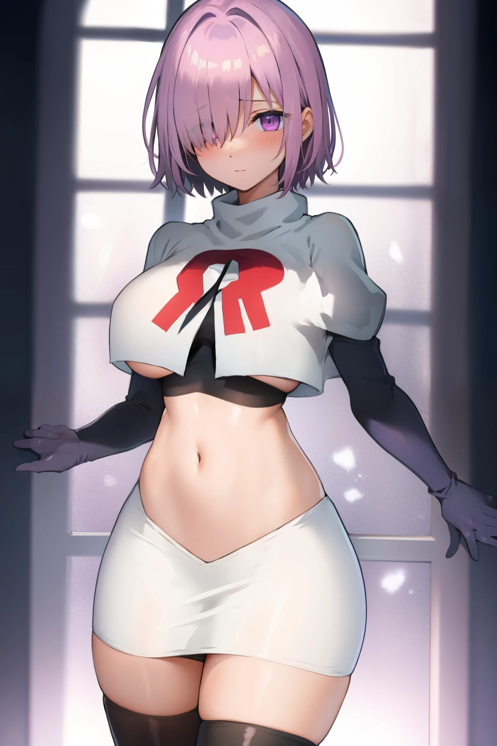 mash kyrielight, hair over one eye, large breasts, blush, purple eyes, solo, looking at viewer, 1girl, short hair, light purple hair, simple background, team rocket,team rocket uniform, red letter R, white skirt,white crop top,black thigh-highs,black elbow gloves
