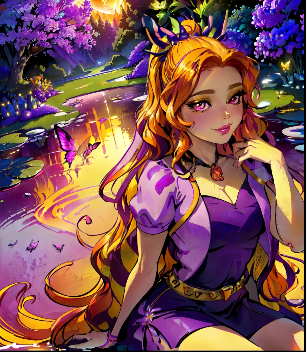 adagio dazzle, adagio dazzle from my little pony, adagio dazzle in the form of a young woman, (in a garden), (orange and yellow flowers), solo, one character, ( purple dress), thin, ((dark majestic breathtaking pink eyes)),  sinister smirk, ((beautiful detailed plants), (WITCH HAZEL), (lavender flowers every), (ACACIA trees), (heavenly sunset orange sky golden sunset), (so many connected ponds with lily pads and flowers on it beautiful pond), lily pads, (lilac flowers everywhere), ((extremely long dark orange wavy hair with yellow stripes:1.5)), (red ruby necklace), (spiky hair band, ponytail), bright glowing orange sky, ethereal sky, (purple thigh high), highly detailed legging, (she sitting by the ponds), reflection on water, vibrant atmosphere, breath taking scenery, HIGHLY DETAILED LIGHTING, dramatic lighting, (so much foliage), ((different varieties of colorful flowers all around her those flowers attract butterflies)), highly detailed, 