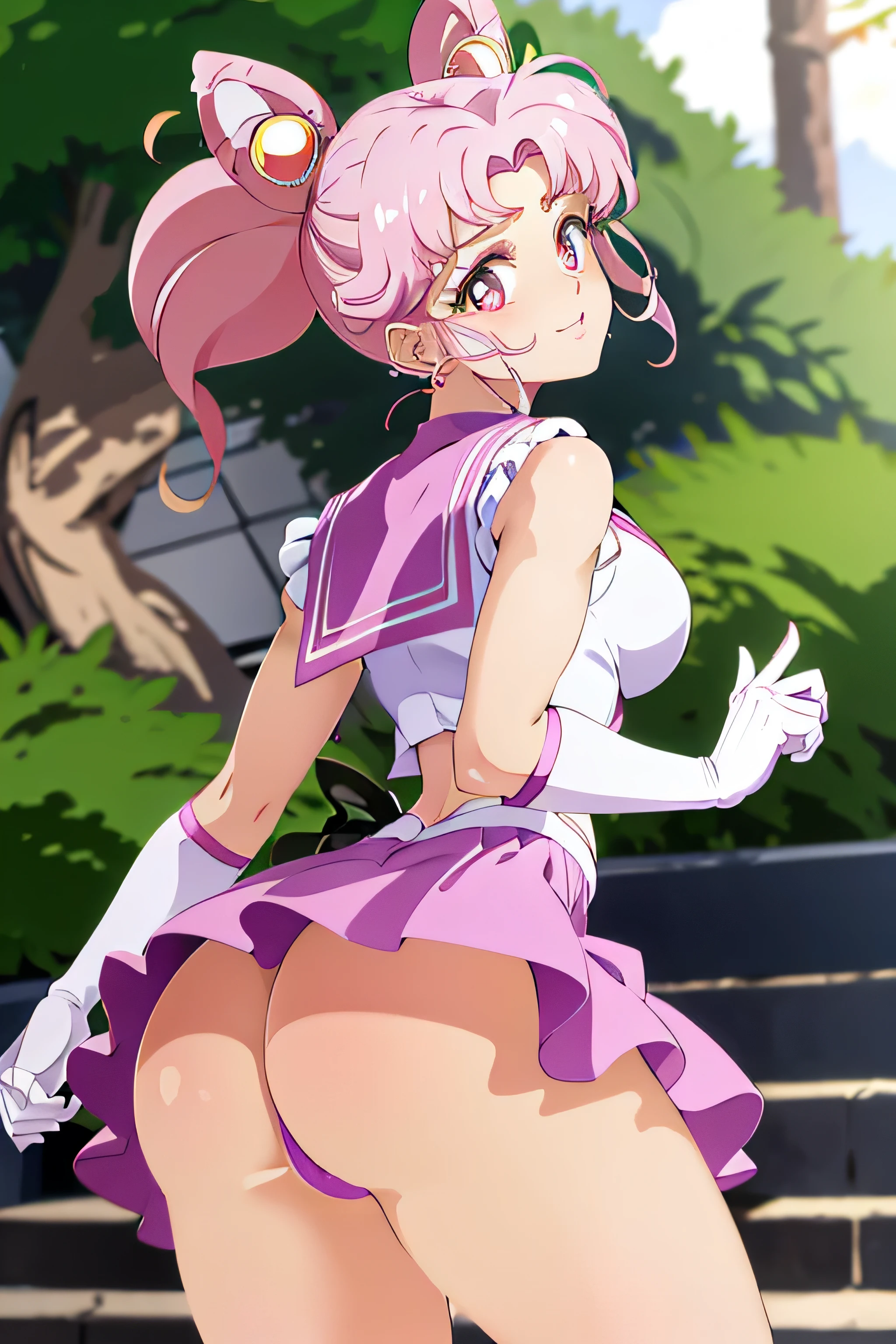 obra maestra, Mejor calidad, absurdos, perfect anatomy, 1 chica, Solo, SMMoon, 1990s \(Estilo\), Sailor Chibi Luna Cabello Rosa, pupilas rosadas ojos, subir las escaleras, de cerca, Sonrisa, tiro de vaquero, Uniforme Sailor Senshi Rosa, Collar marinero rosa, falda plisada rosa, guantes de codo, en postura de espalda, Show off your loot, backward, No hay tanga en un gran trasero, cuerpo completo, aausagi, de cerca booty (falda levantada por el viento, Exponiendo su) (cara de alto detalle)
