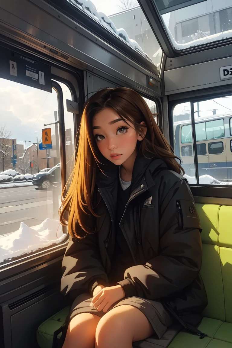 bus, sitting by the window, posing to admire the scenery, looking out of the window, hair sticking to the glass, fast-paced passing landscape, overnight trip, beautiful snowy sky, beautiful girl, UHD portrait orientation, (best quality) (ultra-detailed) observer wearing a hip-hop style street black padded jacket; different, dazzling, long brown hair 🌈