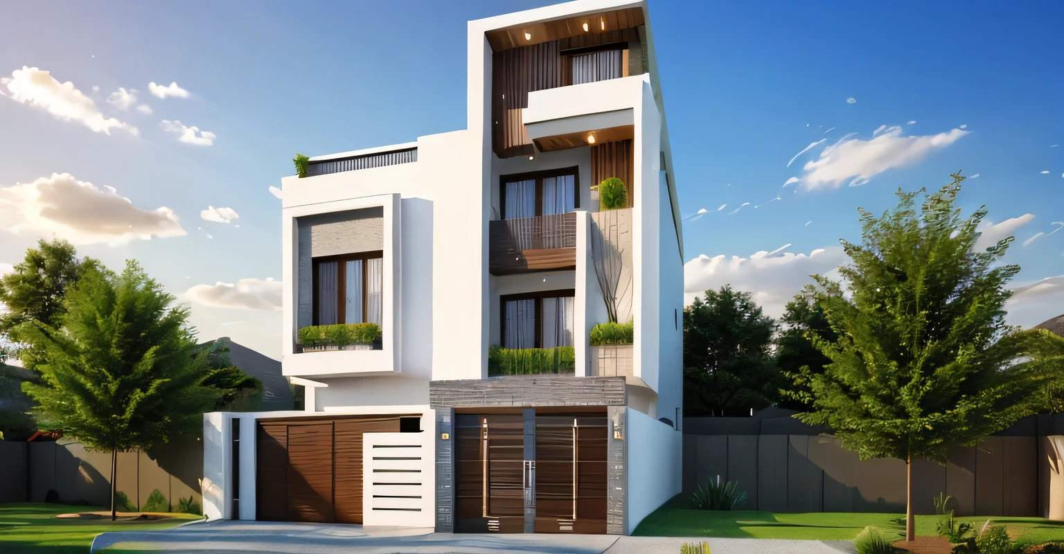 (masterpiece),(high quality), best quality, real,(realistic), super detailed, (full detail),(4k),8k,modern house exterior design, townhouse morden ,Beautiful_sky,Day light, no_humans, outdoors,sky,tree, front yard, stone and grass path, Garden miniatures