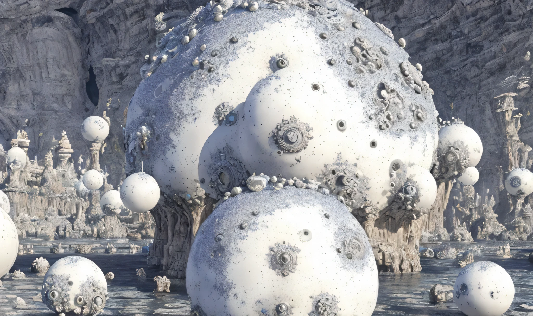 there are many balls of silver color in a water fountain, interplanetary cathedral, complex alien fractal structure, mandelbulb architecture, mandelblub fractal, intricate mandelbulb fractal, 1 6 6 7. mandelbulb 3 d, sacred fractal structures, mandelbulb fractal, alien structure, fractal world, visionary fractal structures, many floating spheres, big and structured Valhalla city, an alien town in a huge cave with water and little boats.