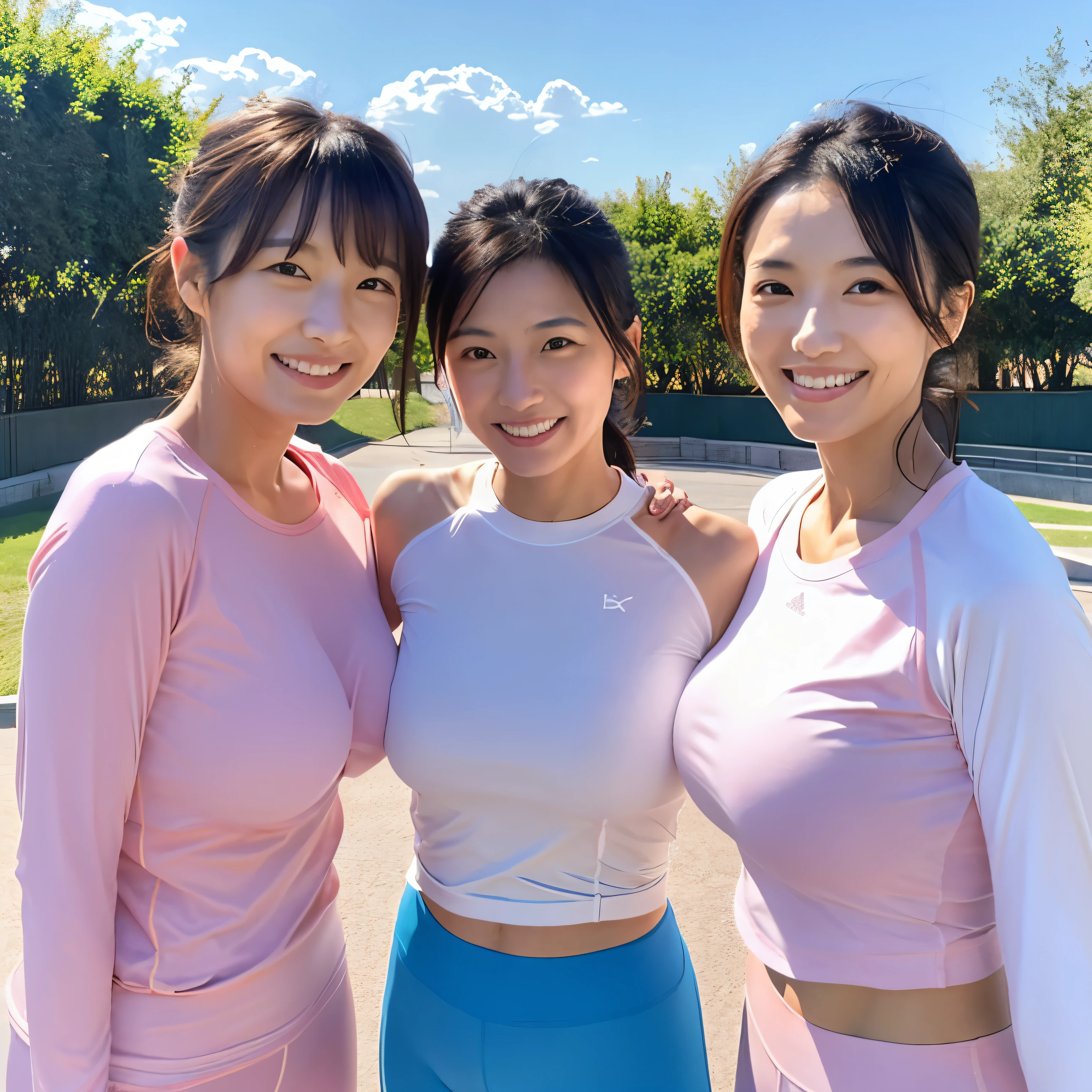 3 Japan Women, idle state, cute, double, Three people standing shoulder to shoulder, three in a row, Fresh, healthy, cute, Three people are wearing light pink tight sportswear with long sleeves, shoulder to shoulder, smile, sweat after soccer, thin, bright sky, Beautiful blue sky, big breasts,