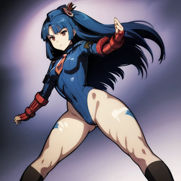 ultra-detailed, Explicit, Beautiful body, Beautiful Nose, Beautiful character design, perfect eyes, perfect face, ultra highres, 4K, beautiful legs, perfect legs, Nice hands, Perfect hand, Masterpiece, Best Quality, Highly detailed, illustration, absurdres, perfect anatomy, street fighter, doll suit, shadaloo doll, dollsuit, expressionless, blank eyes, looking at viewer, red gloves, emotionless, black latex, corrution, mind control, female combatant, full body, hypnotized, unhappy trance, full body suit, ribbed bodysuit, both arms at side, obey, perfect female body, extremely glossy latex, hypnosis, hypnoLora, empty eyes, Mind control device, poses, submissive_pose, Slave, hat, necktie, liying down straight, liying down, liying down at attention, hat, necktie, belt, latex, ribbed bodysuit, thighhighs, garter belt, Fighting Stance, extending the right arm from the shoulder into the air with a straightened hand, military, thigh boots, 1girl, hair ornaments, Red Eyes, Blue Hair, Long hair, Hozoin Inshun, Hyakka Ryouran