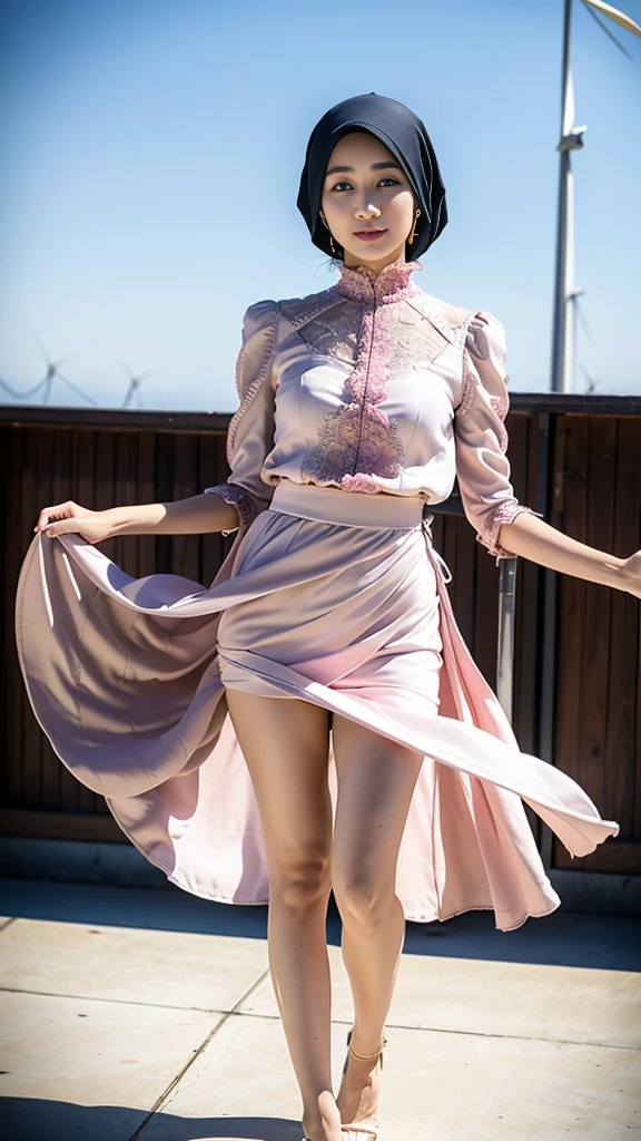 (Best quality, 8k, 32k, Masterpiece, UHD:1.2),Photo of Pretty indonesian hijab woman,(sad smile,blush:1.1),looking at viewer,(beautiful detailed dress skirt:1.2),detailed legs,(spread legs:0.9),(lace panties:0.9),(wind lift:1.6), full body,windy,city,outdoors, see through
