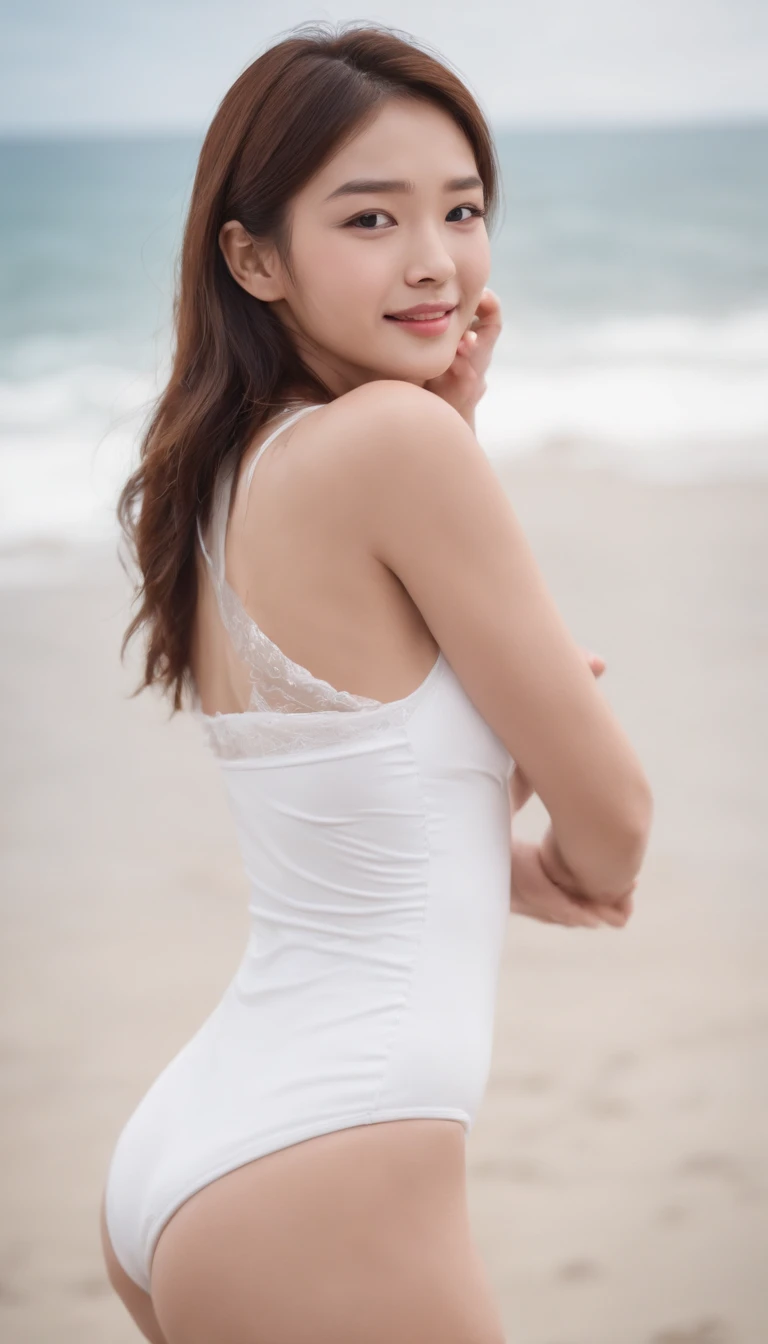 photorealistic perfect body、japanese model、 girl wearing a white tight swimsuit、they hug each other happily、play on the beach、wave and smile、Float Ring、Water droplets fly and hit my face、close one eye、healthy beauty、sexy