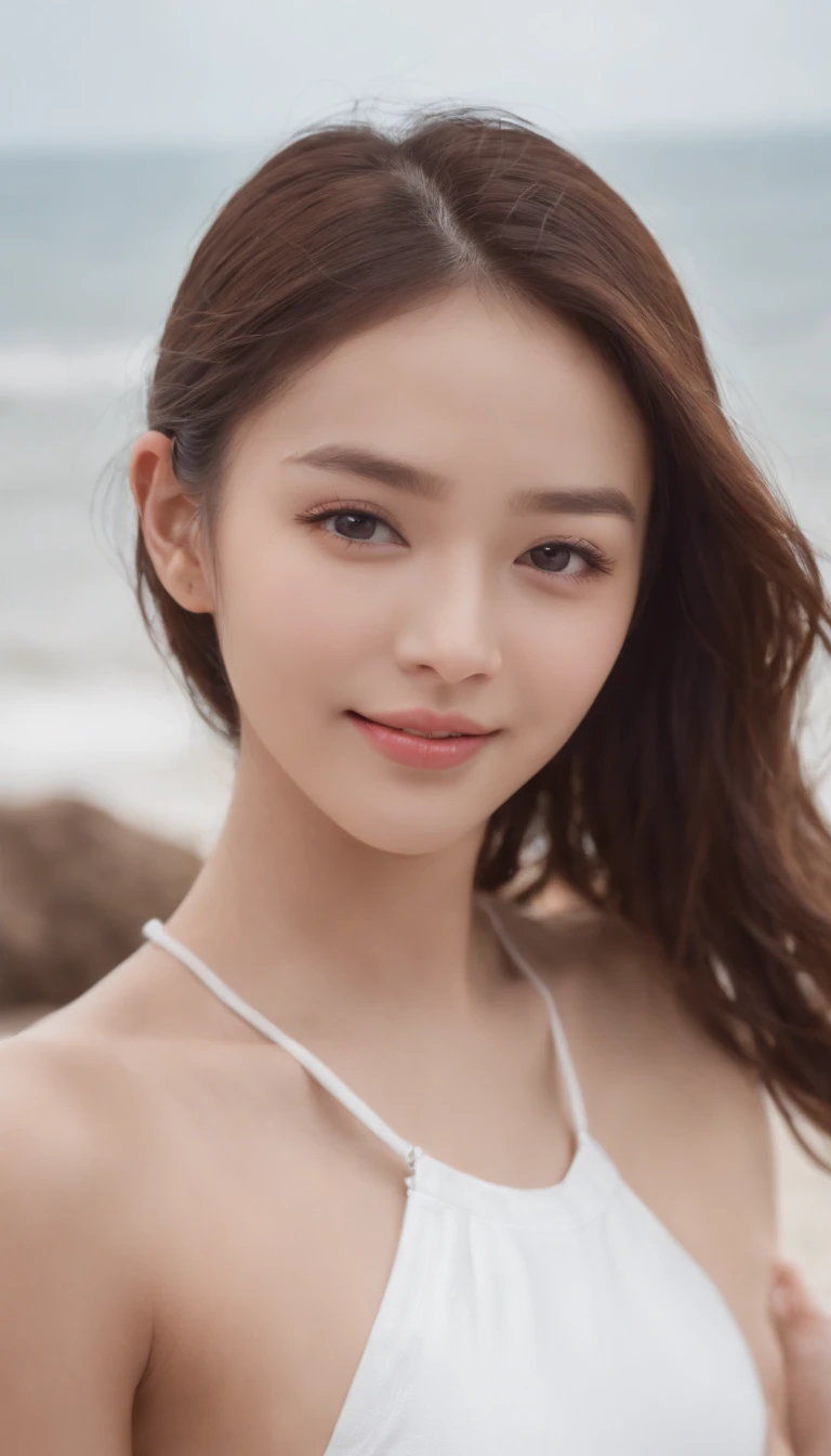 photorealistic perfect body、japanese model、16 year old girl wearing a white tight swimsuit、they hug each other happily、play on the beach、wave and smile、Float Ring、Water droplets fly and hit my face、close one eye、healthy beauty、sexy
