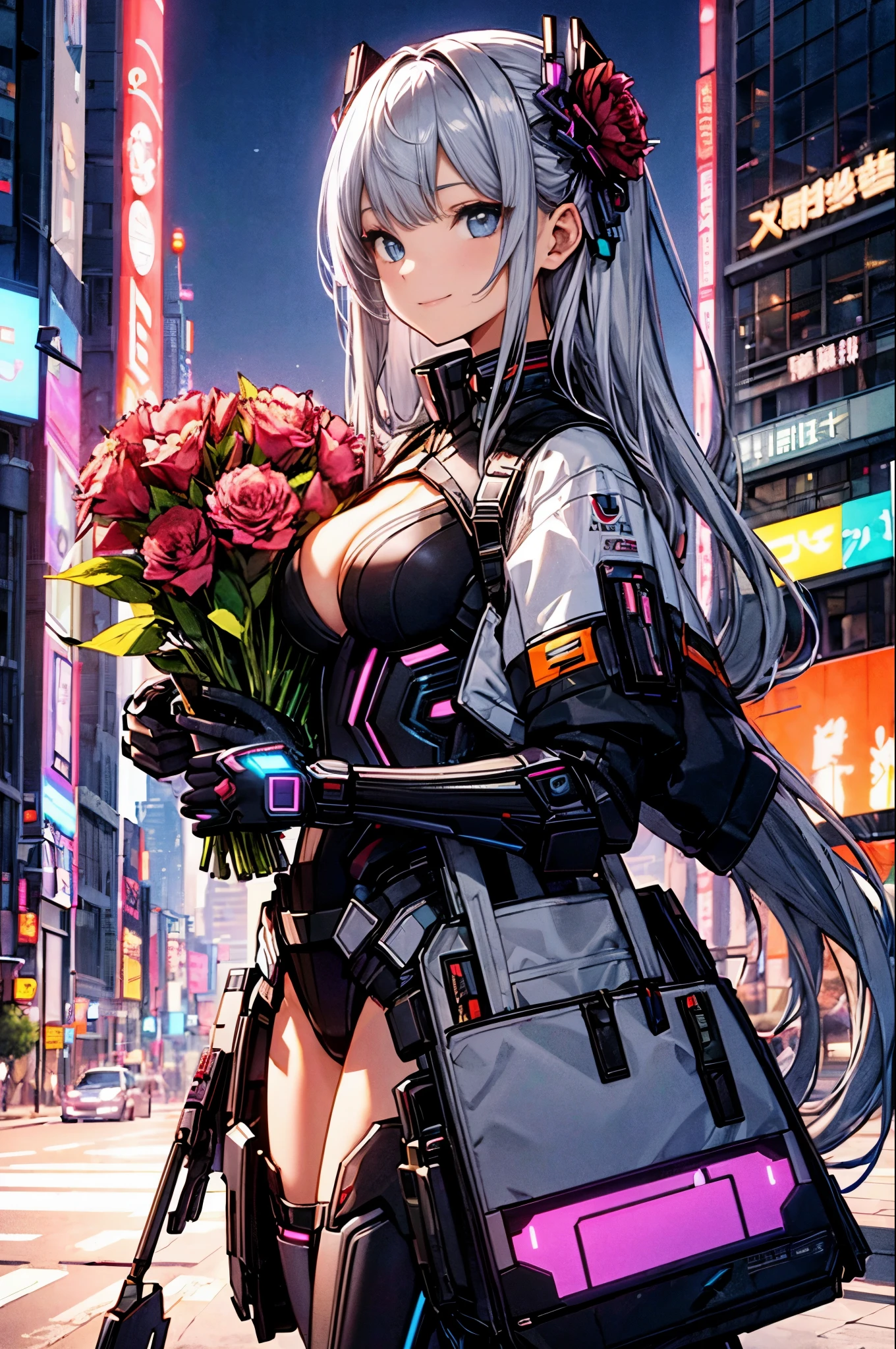 4K、best image quality，excellent details，hyper quality skin、ultra high resolution，（fidelity：1.4），best illustrations，Focus on the details，(official art, beautiful and aesthetic:1.2), 
1 girl, (long silver hair、Bangs are black:1.2), wavy hair, smile, (Sexy cyberpunk costumes.Cybertechware)、I will give you a bouquet of flowers、Let&#39;s pick up various bouquets、
(I will give you a bouquet of flowers:1.6), (fancy futuristic background:1.1),